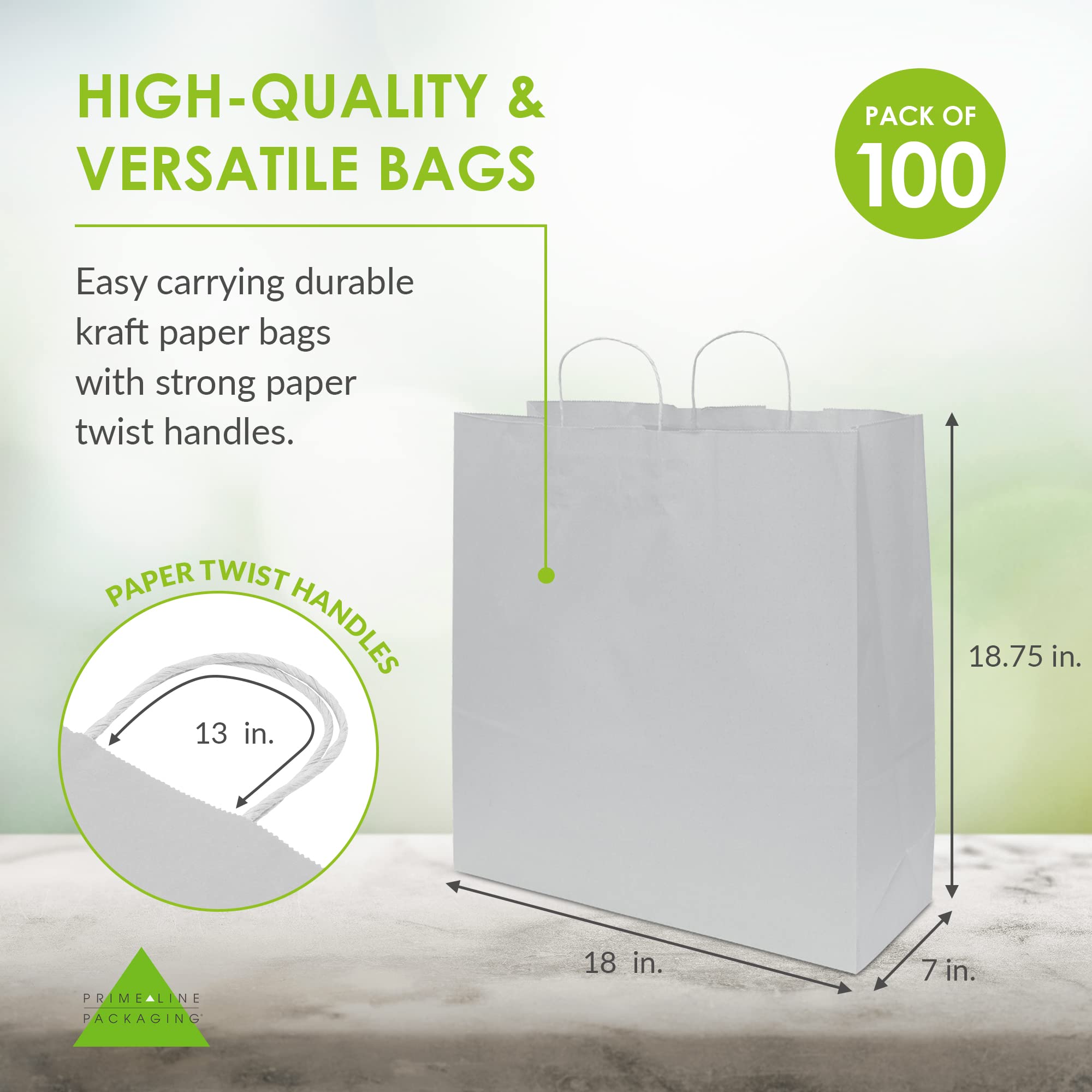 Prime Line Packaging 18x7x18.75 100 Pack Large White Paper Bags, Jumbo Gift Bags with Handles, Kraft Paper Bags for Small Business, Shopping, Bulk  - Like New