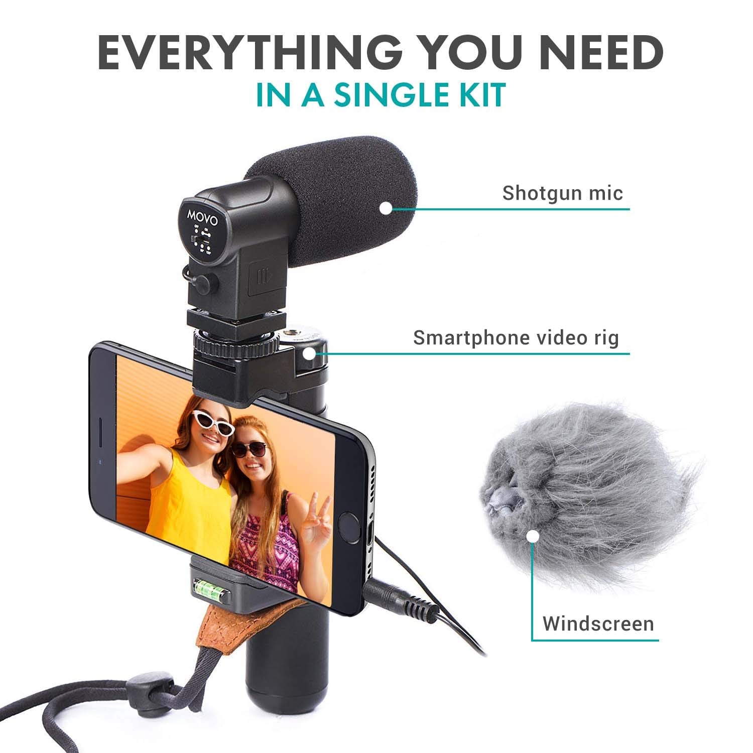 Movo Smartphone Video Rig with Stereo Microphone, Grip Handle, Wrist Strap for iPhone 5, 5S, 6, 6S, 7, 8, X, XS, XS Max, 11, 11 Pro, Samsung Galaxy S5, S6, S7, S8, S9 - Vlogging Equipment, Vlog Mic  - Like New