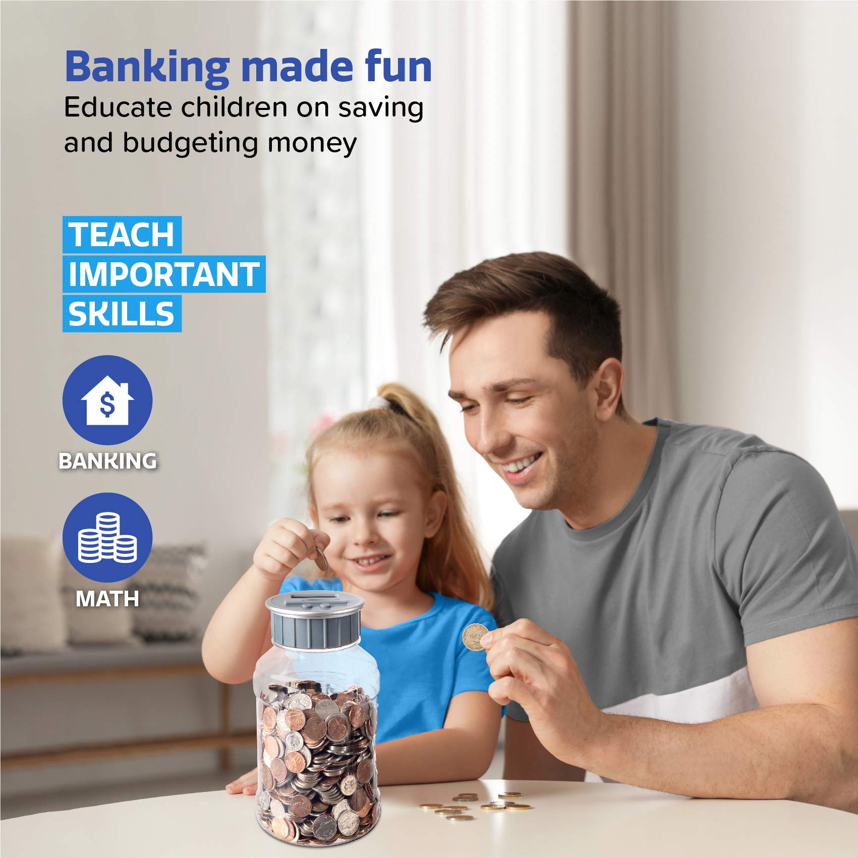 M&R Digital Counting Coin Bank. Batteries Included! Personal Coin Counter/Money Clear jar, Silver Top totals up Your Savings- Works with All U.S. Coins-in Retail Packaging.  - Like New