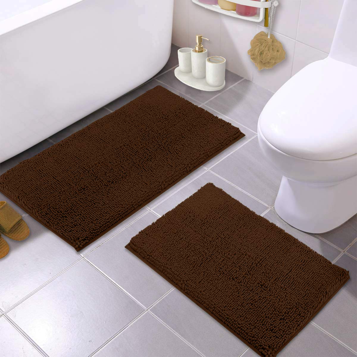 LuxUrux Bathroom Rug Set�Extra-Soft Plush Bath mat Shower Bathroom Rugs,1'' Chenille Microfiber Material, Super Absorbent (30 X 20'' + 23 x 15'', Brown)  - Very Good