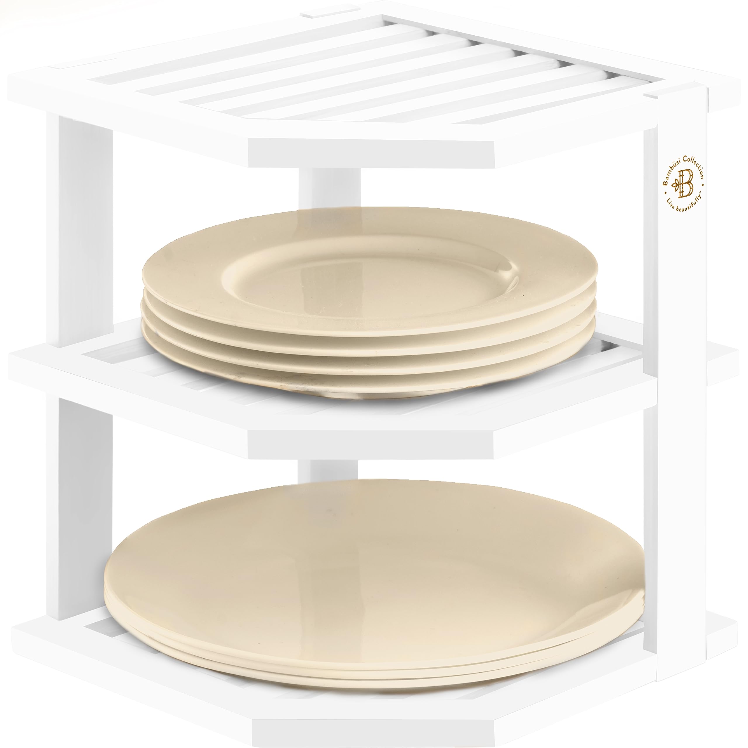Bamb�si Plate Organizer for Cabinet - Bamboo Kitchen and Bathroom Organization - Ideal for Cabinet Space Saving, Corner Cabinet Organizer, Countertop, and Corner Shelf Kitchen Organizer (White)  - Like New
