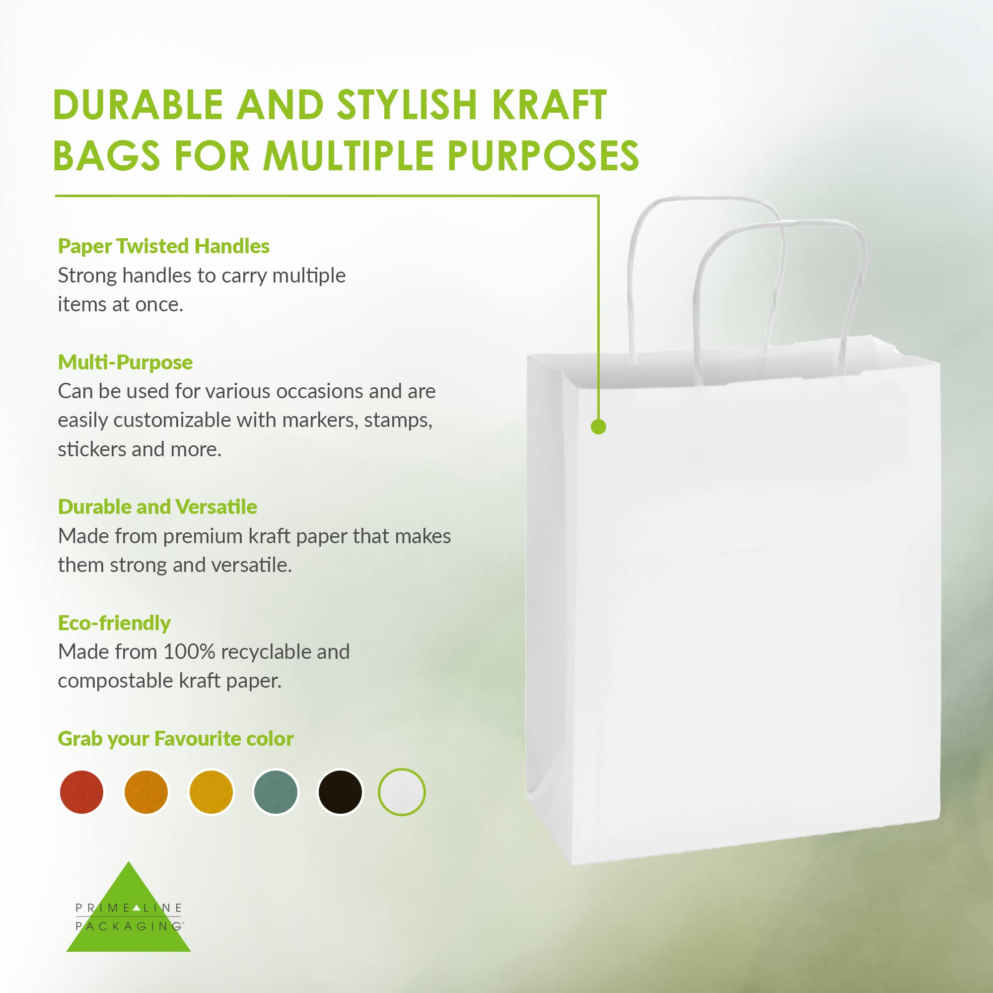 Prime Line Packaging 8x4x10 100 Pack White Gift Bags, Small Kraft Paper Bags with Handles for Small Business, Party Favor & Goodie Bags, Shopping, Bulk  - Like New