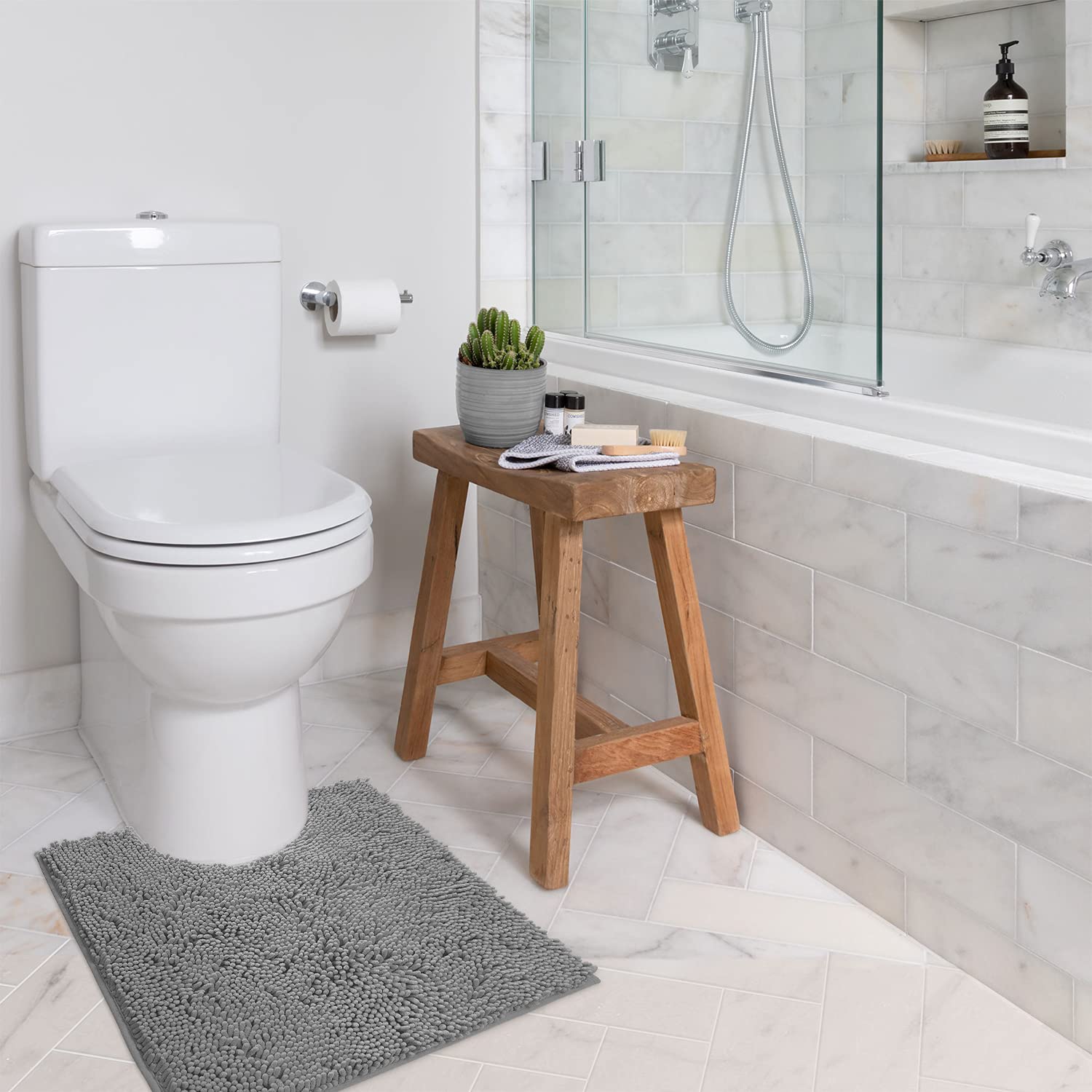 LuxUrux Bath Mat - Toilet Rugs u Shaped- Extra-Soft Plush Bath Bathroom Rug,1'' Chenille Microfiber Material, Super Absorbent Shaggy Machine Wash & Dry (20 x 20, Light Grey)  - Acceptable