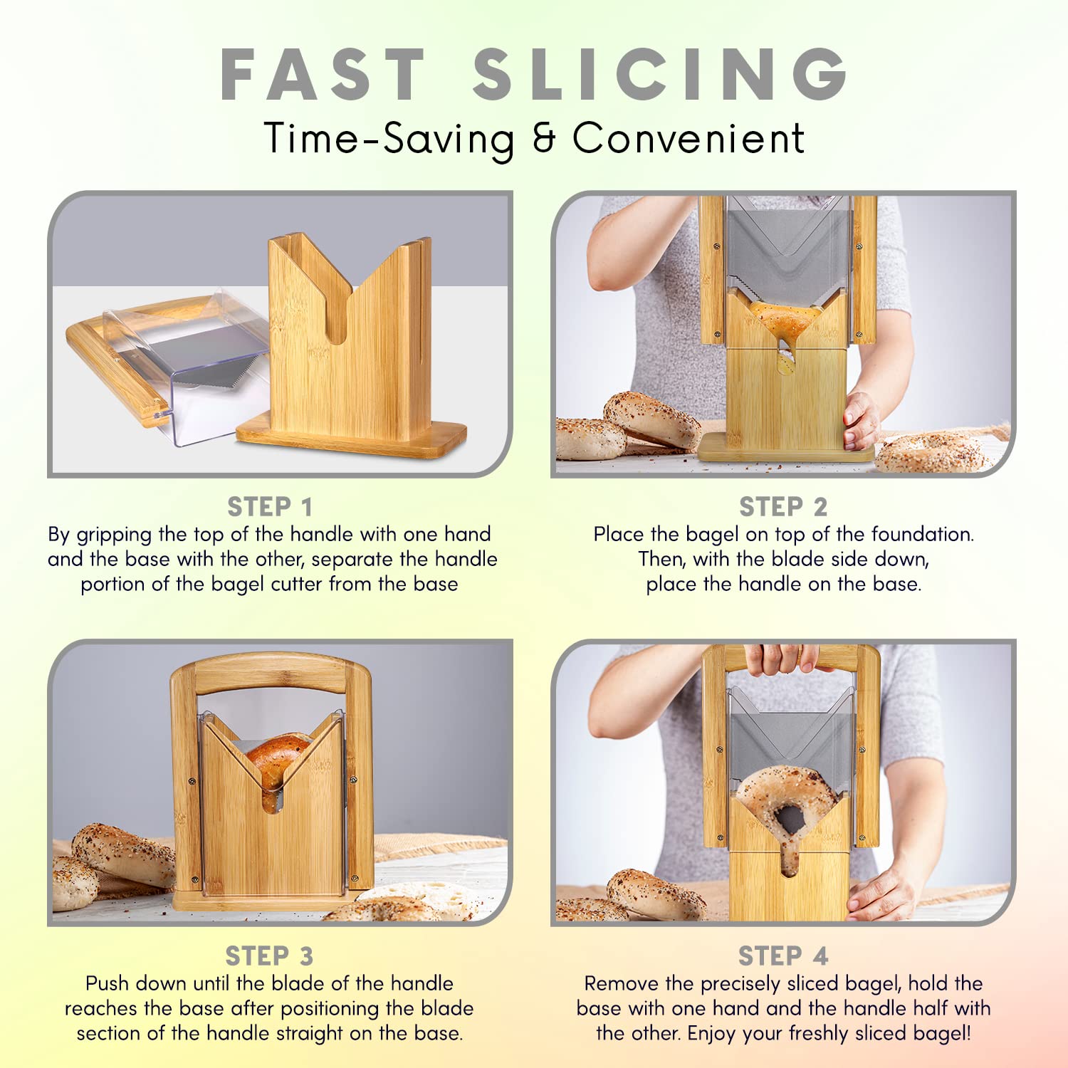 Bamboo Bagel Slicer - Guillotine Bagel Cutter with Clear Safety Shield, Non Stick Blade and Easy Grip Handle - Bread Slicer for Homemade and Commercial Buns, Muffins and Rolls (By Homeries)  - Acceptable