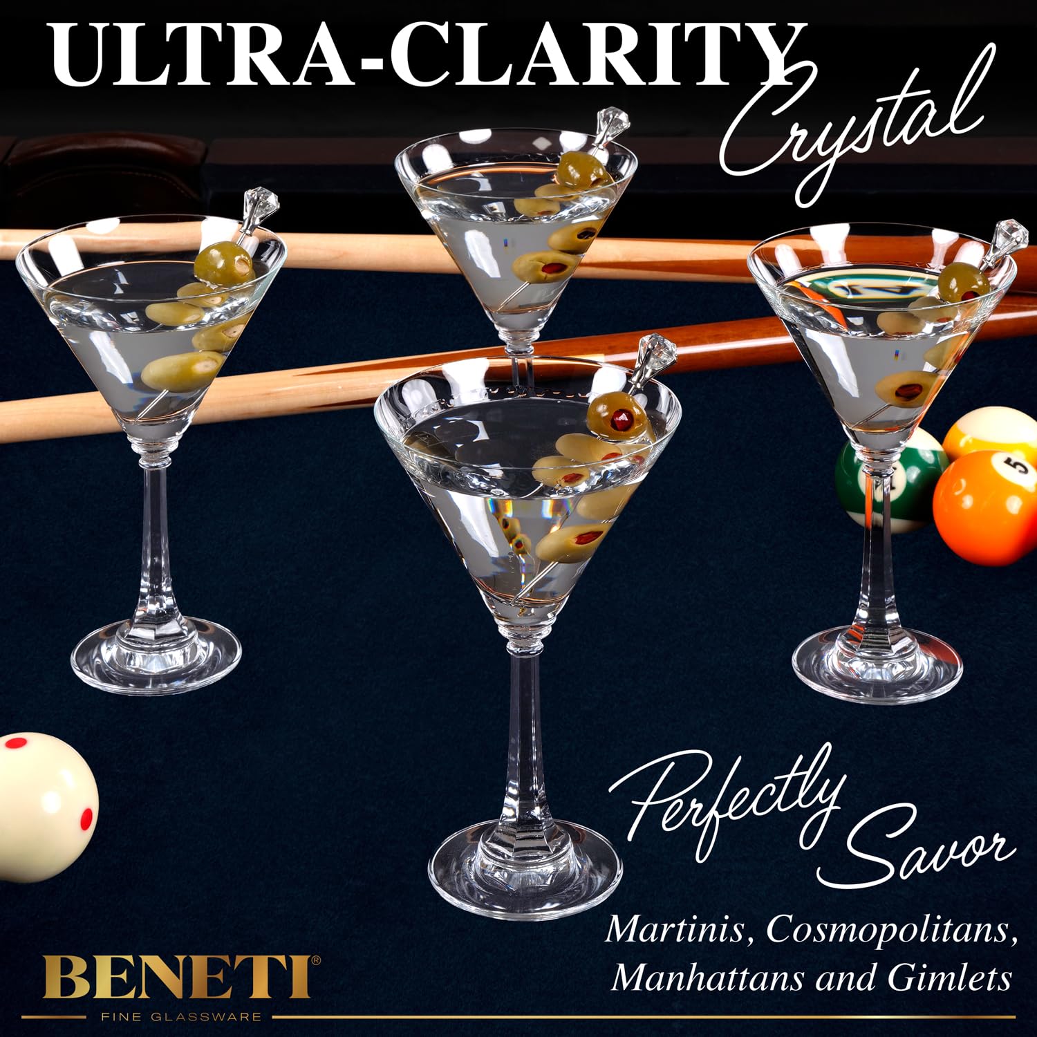 BENETI Tall Martini Glasses Set of 4 | Made in Europe | 11oz Long Stem Crystal Cocktail Bar Glasses | Perfect Wedding, Christmas, Holiday, or Birthday Gift for Men & Women of All Ages  - Like New