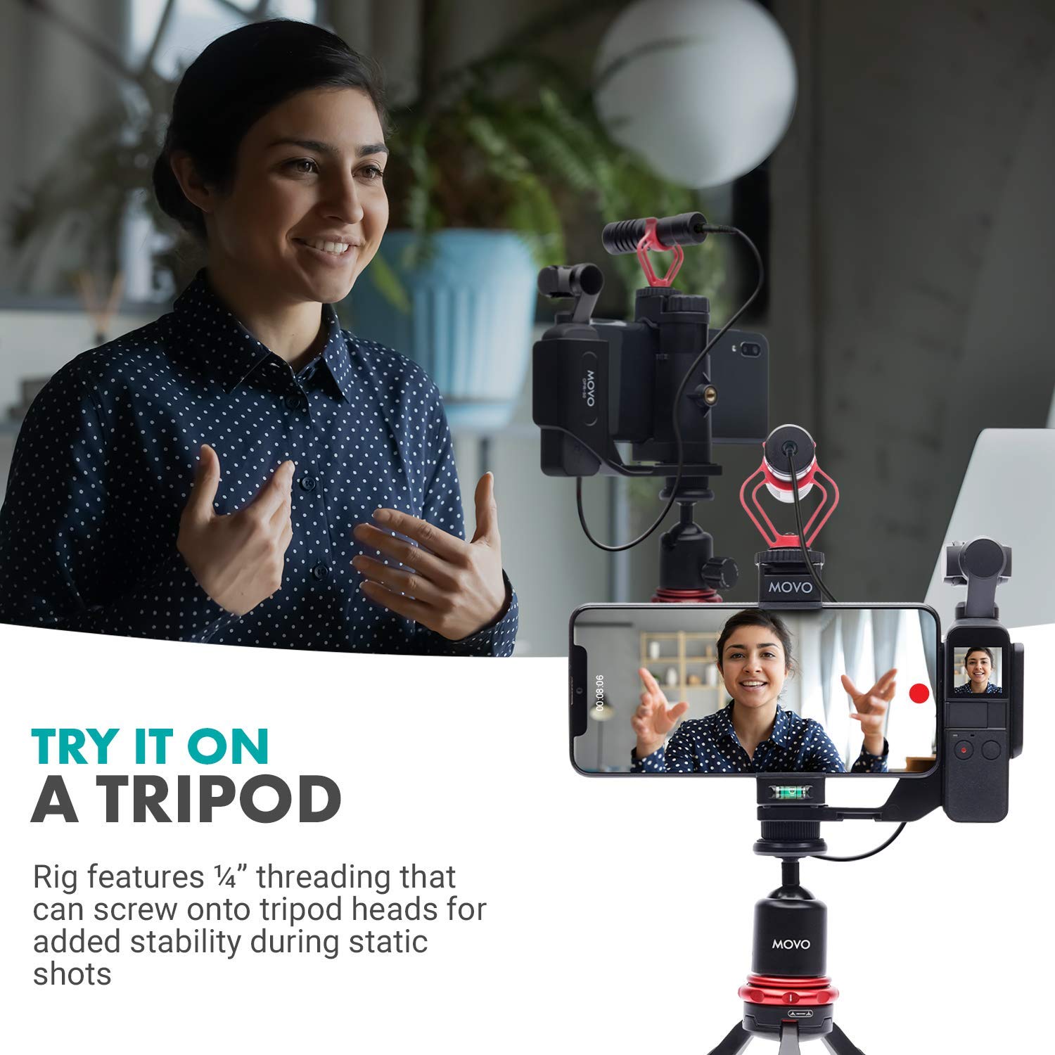 Movo Video Rig Compatible with The DJI OSMO Pocket 1, 2 - Includes Universal Smartphone Mount, Grip Handle, and 2 Cold Shoes for Mounting Microphone, Light - OSMO Pocket Microphone and Video Rig  - Like New