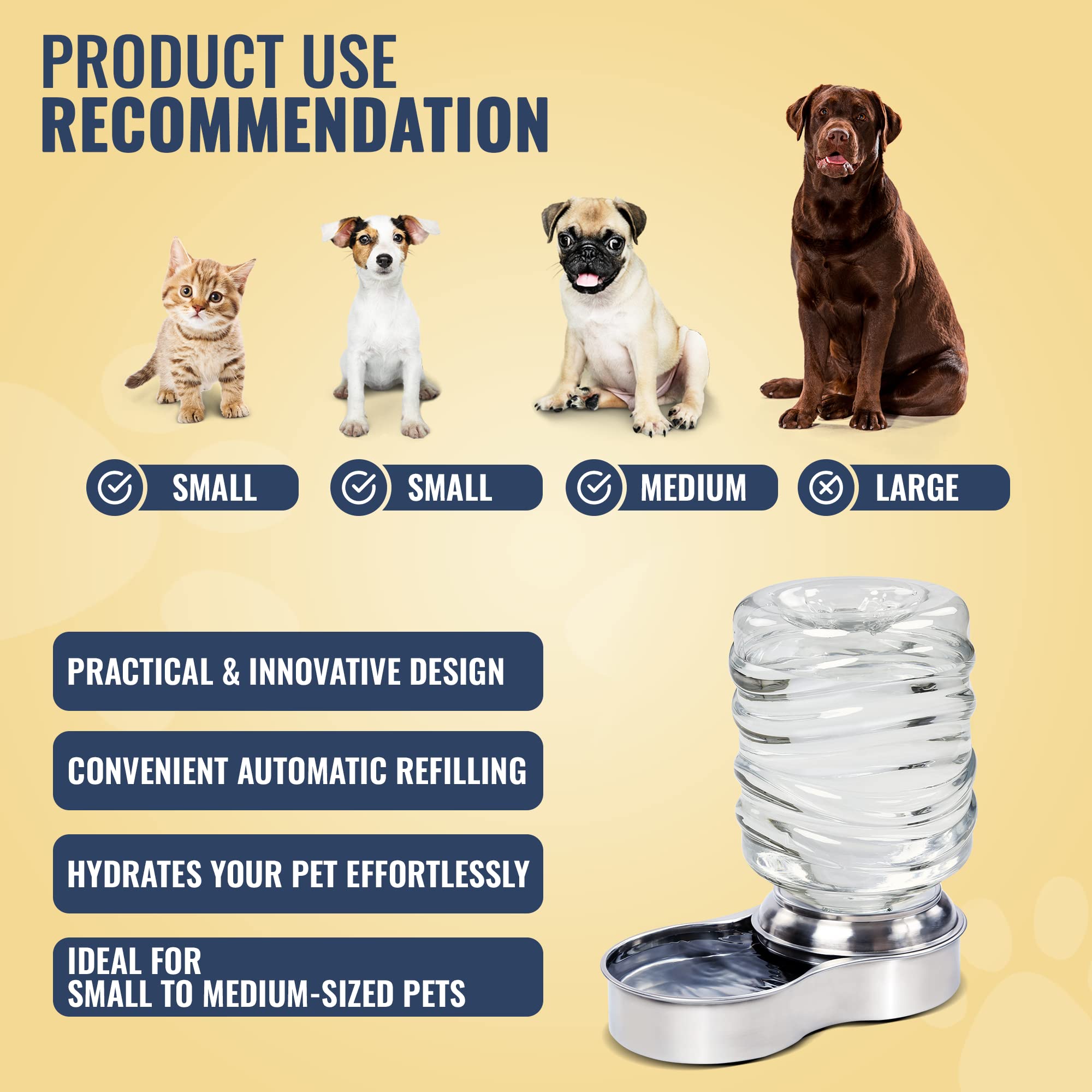 Bundaloo Dog Water Bowl Dispenser - Automatic Slow Refilling System Keeps Stainless Steel Drinking Dish Filled - Refillable 3 Liter Bottle, Non-Skid Feet - Clean, Safe, & Fresh Drink for Pet Dogs  - Good