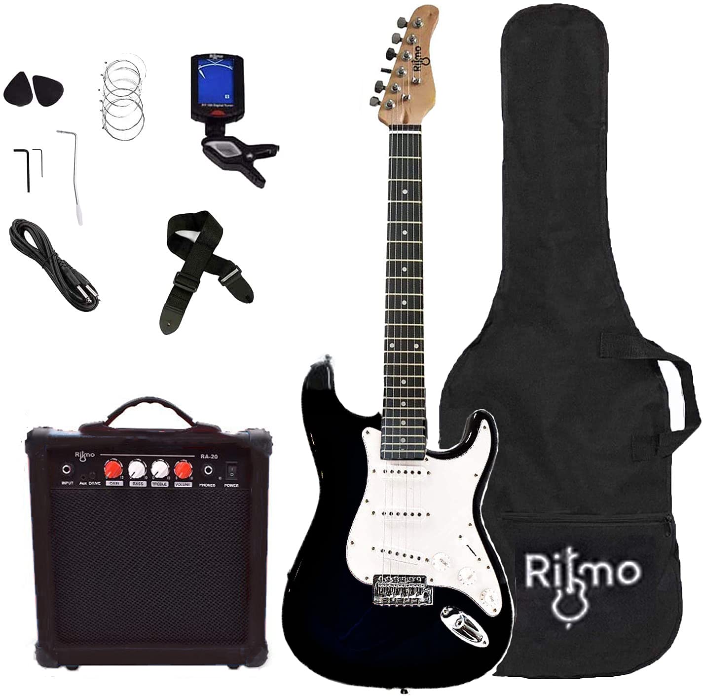 Complete 39 Inch Guitar and Amp Bundle Kit for Beginners-Starter Set Includes 6 String Tremolo Guitar, 20W Amplifier with Distortion, 2 Picks, Shoulder Strap, Tuner, Bag Case - Right-Handed Black  - Very Good