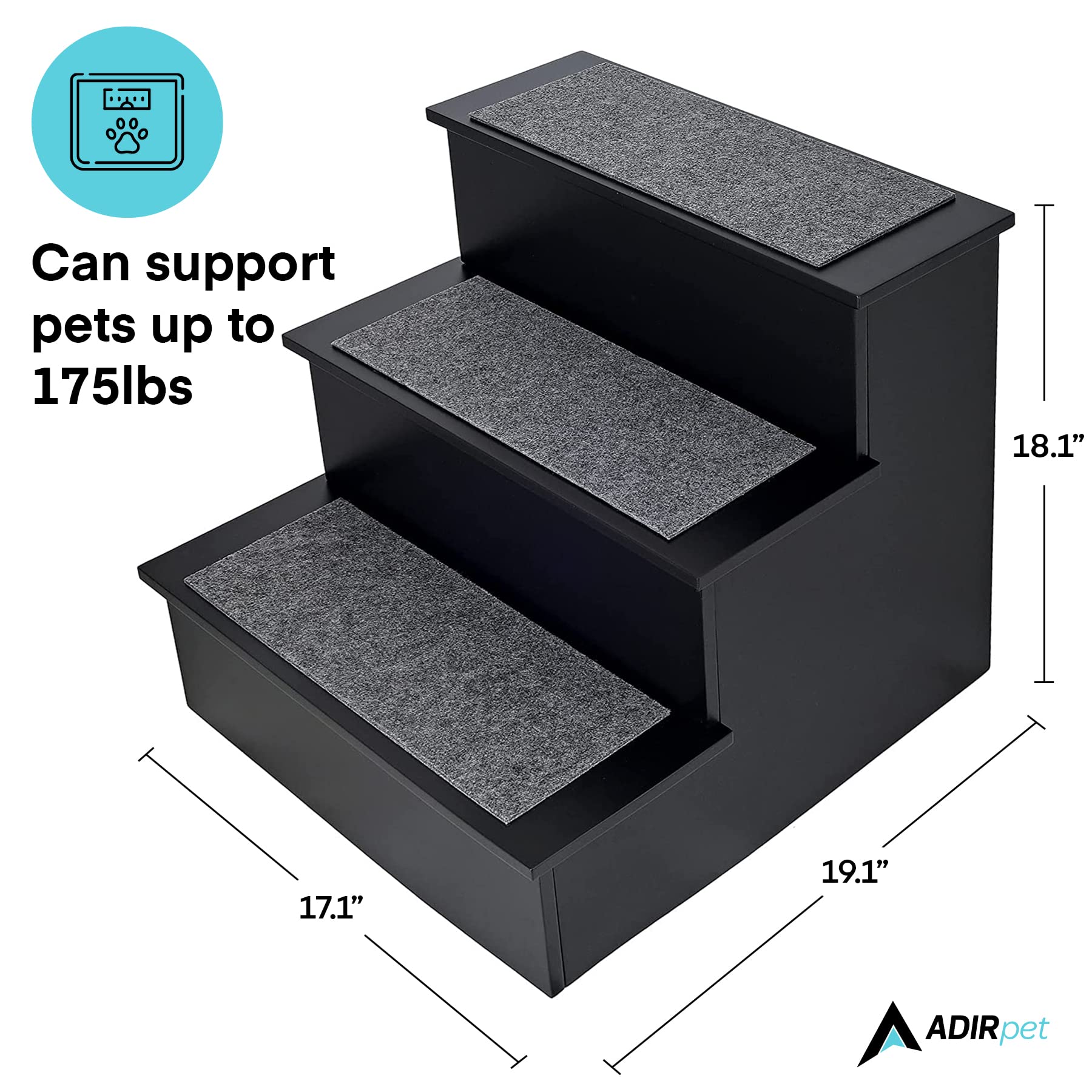 AdirPets Deluxe 3-Step Pet Stairs with Non-Slip Surface and Carpeted Treads - Sleek Pet Steps for Small Dogs, Cats, Elderly or Disabled Pets - Supports Up to 175lbs Weight (Variation)  - Acceptable