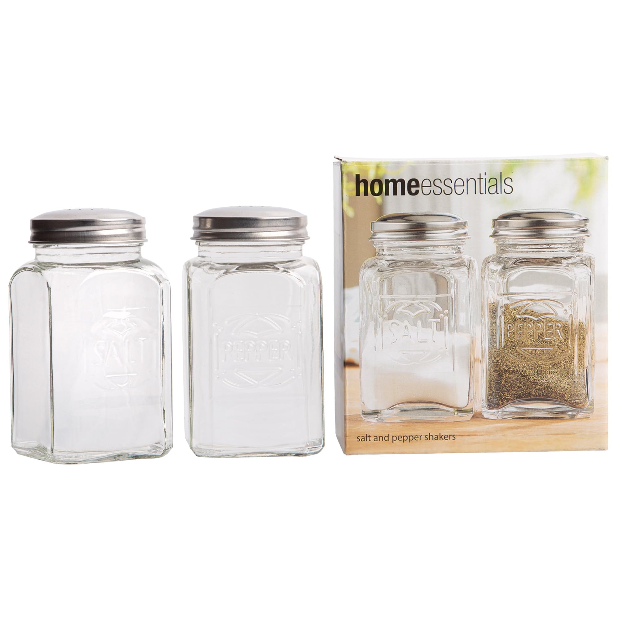 Salt and Pepper Shakers By Home Essentials & Beyond Set of 2 Clear Glass Salt and Pepper Shaker Holders with Stainless Steel Lids.  - Acceptable