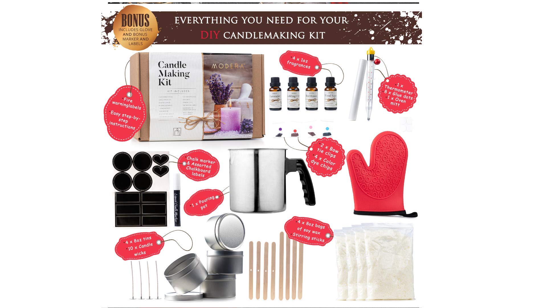 Modera Candle Making Kit | DIY Spa Candle Craft Set w/Supplies to Make [4] Stunning Soy Candles | Includes 8oz Tins, Wicks, Clips, Pouring Pitcher, Thermometer, Oil Fragrances, Color Dye Chips & More  - Like New