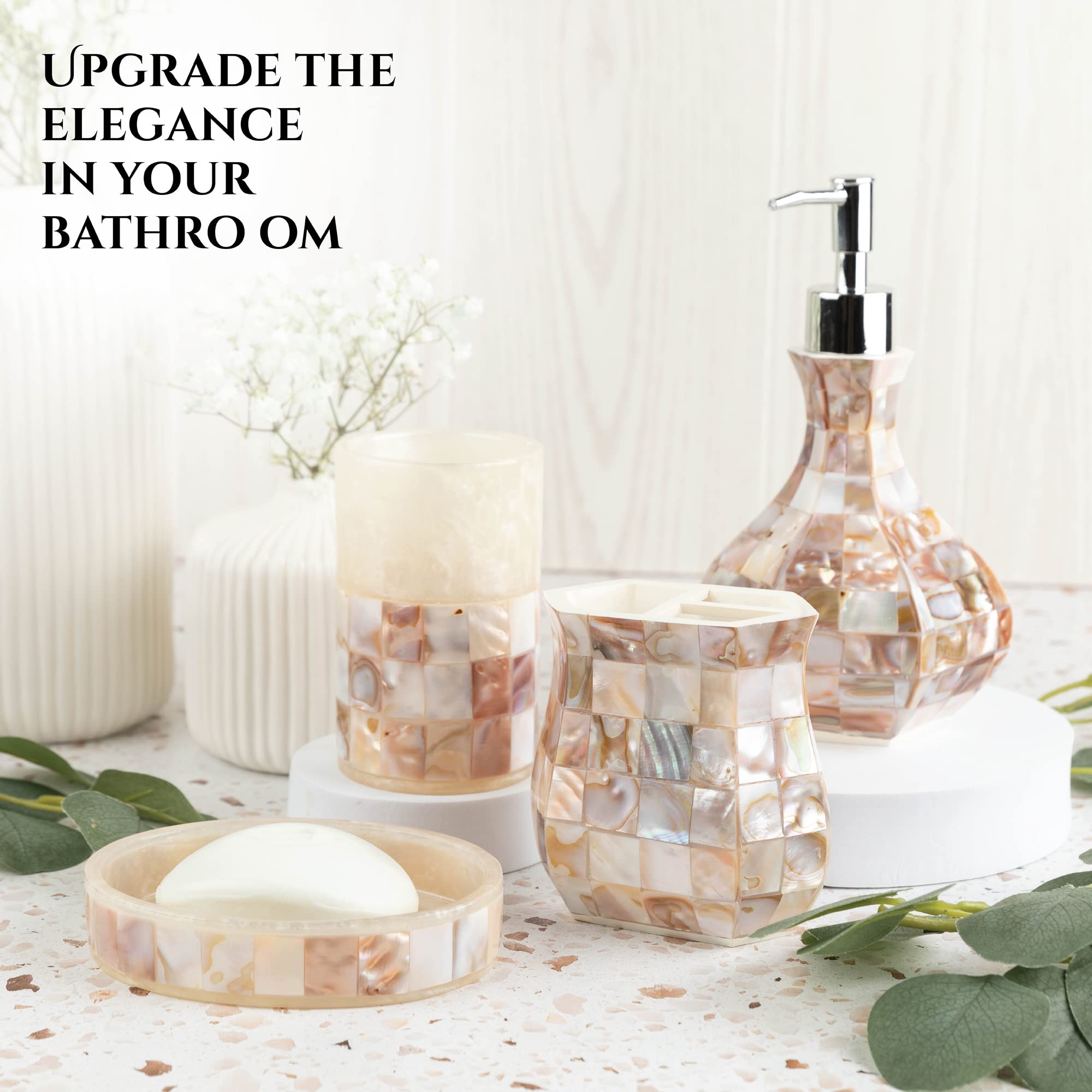 Bathroom Accessories Set - 4 Piece Bathroom Accessory Set with Natural Mother of Pearl Shells - Decorative Bathroom Set Includes: Soap Dispenser, Toothbrush Holder, Tumbler and Soap Dish  - Like New