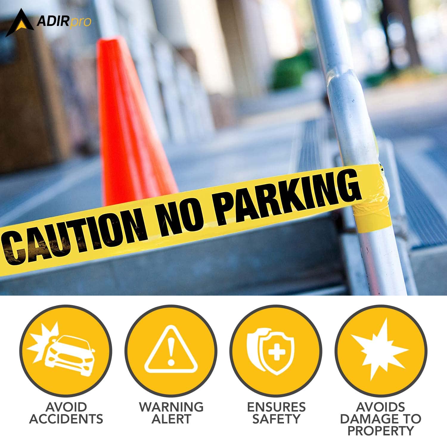 Adir No Parking Caution Tape Roll, 1000 feet - High Visibility 3-inch Bright Yellow Tape with Bold Black Print - No Parking Warning Tape for Construction, Utility Companies, Law Enforcement  - Like New