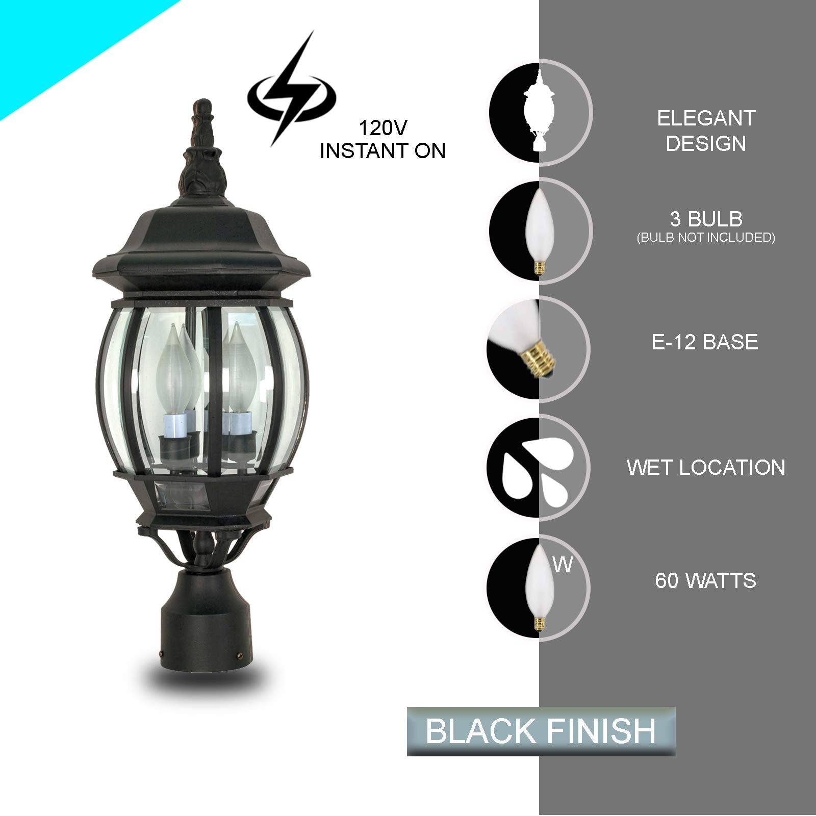 Ciata Lighting 3 Light Outdoor Aluminium 21 inch Outdoor Post Lantern, Clear Glass Shade Voltage: 120, Wattage: 60, Clear Beveled Glass Panels.  - Like New