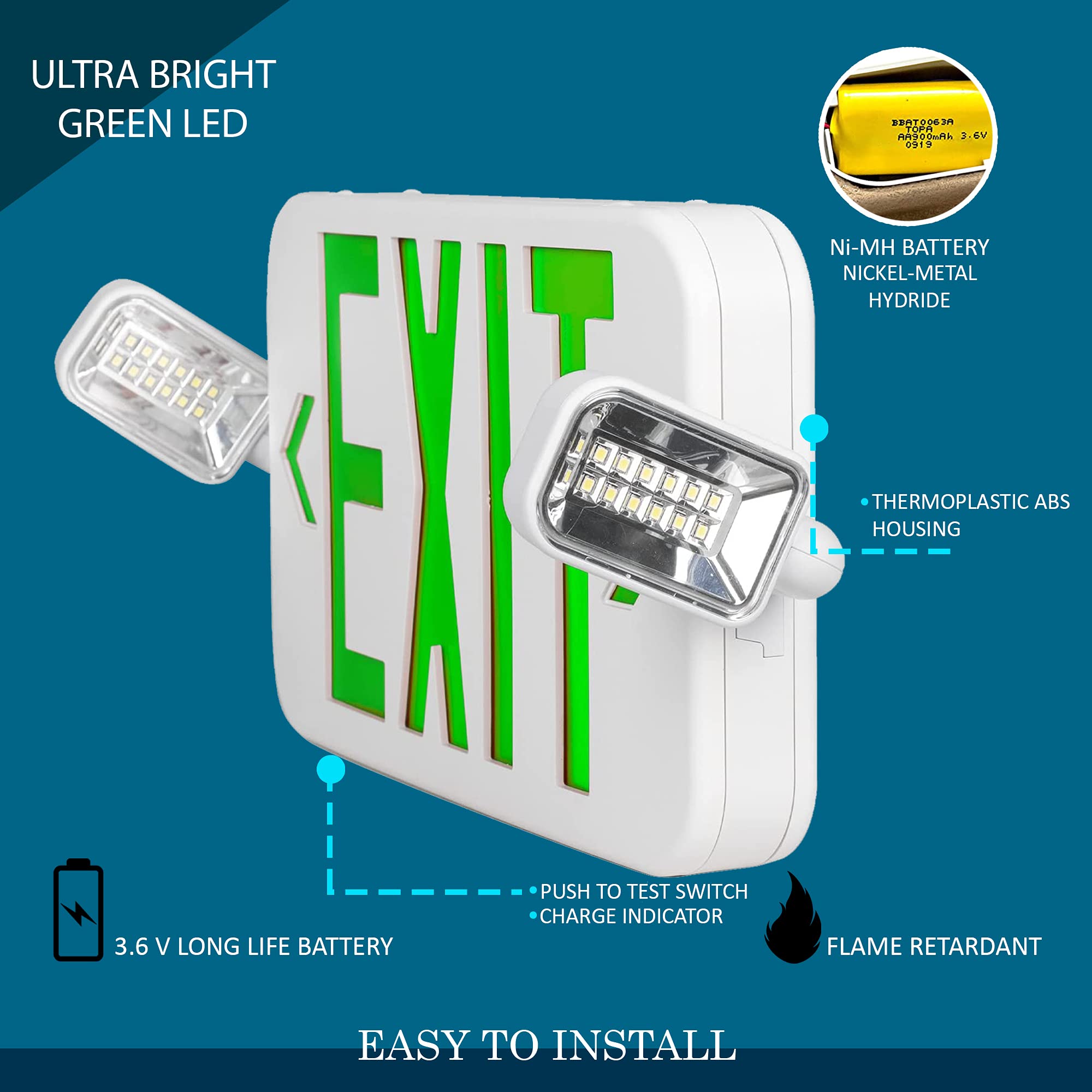 Ciata Ultra Slim Rechargeable Indoor Exit/Emergency Combo Sign Fixture with Battery powered Backup