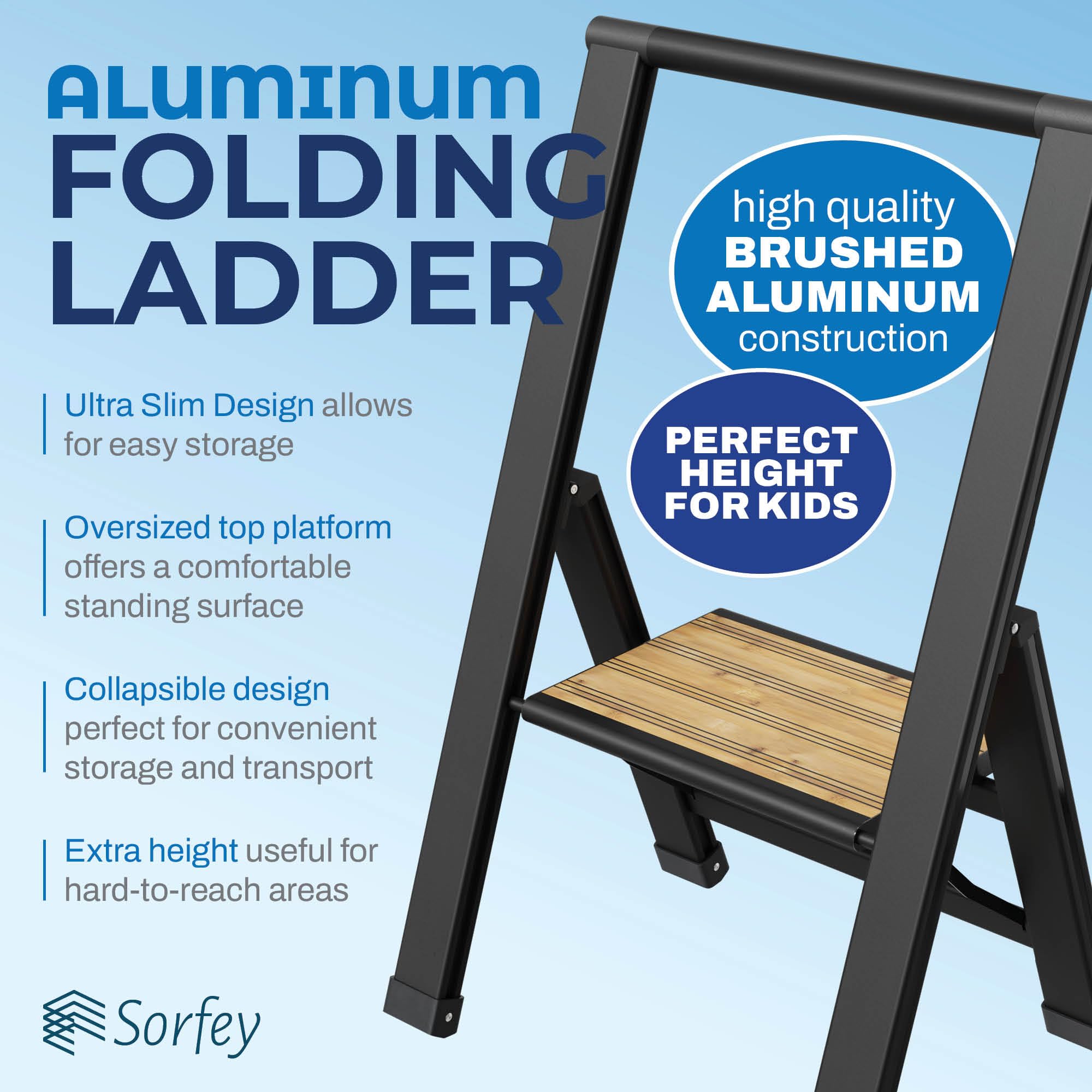 Sorfey Premium Folding 3 Step Ladder for Adults - Heavy Duty Silver Aluminum Step Stool Ladder with Gray Wood  - Like New