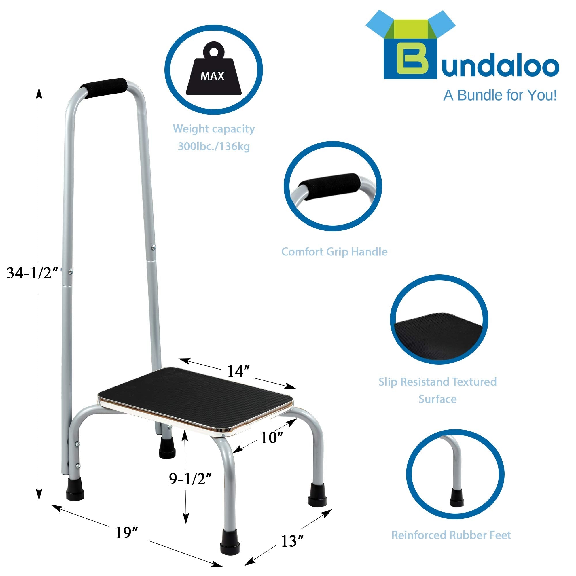 Bundaloo Support Step Stool | Best Foot Stool for Hospital Bed, Kitchen Shelving, & Bath Tub | Non-Slip Rubber Handle, Platform, & Feet for Extra Safety | for Adults & Kids in Home or Medical Setting  - Very Good