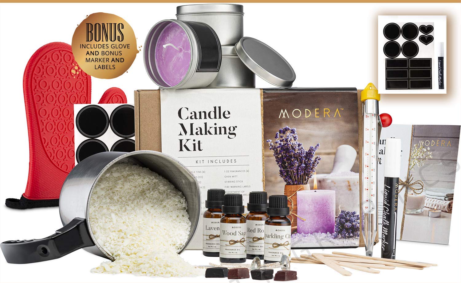 Modera Candle Making Kit | DIY Spa Candle Craft Set w/Supplies to Make [4] Stunning Soy Candles | Includes 8oz Tins, Wicks, Clips, Pouring Pitcher, Thermometer, Oil Fragrances, Color Dye Chips & More  - Like New