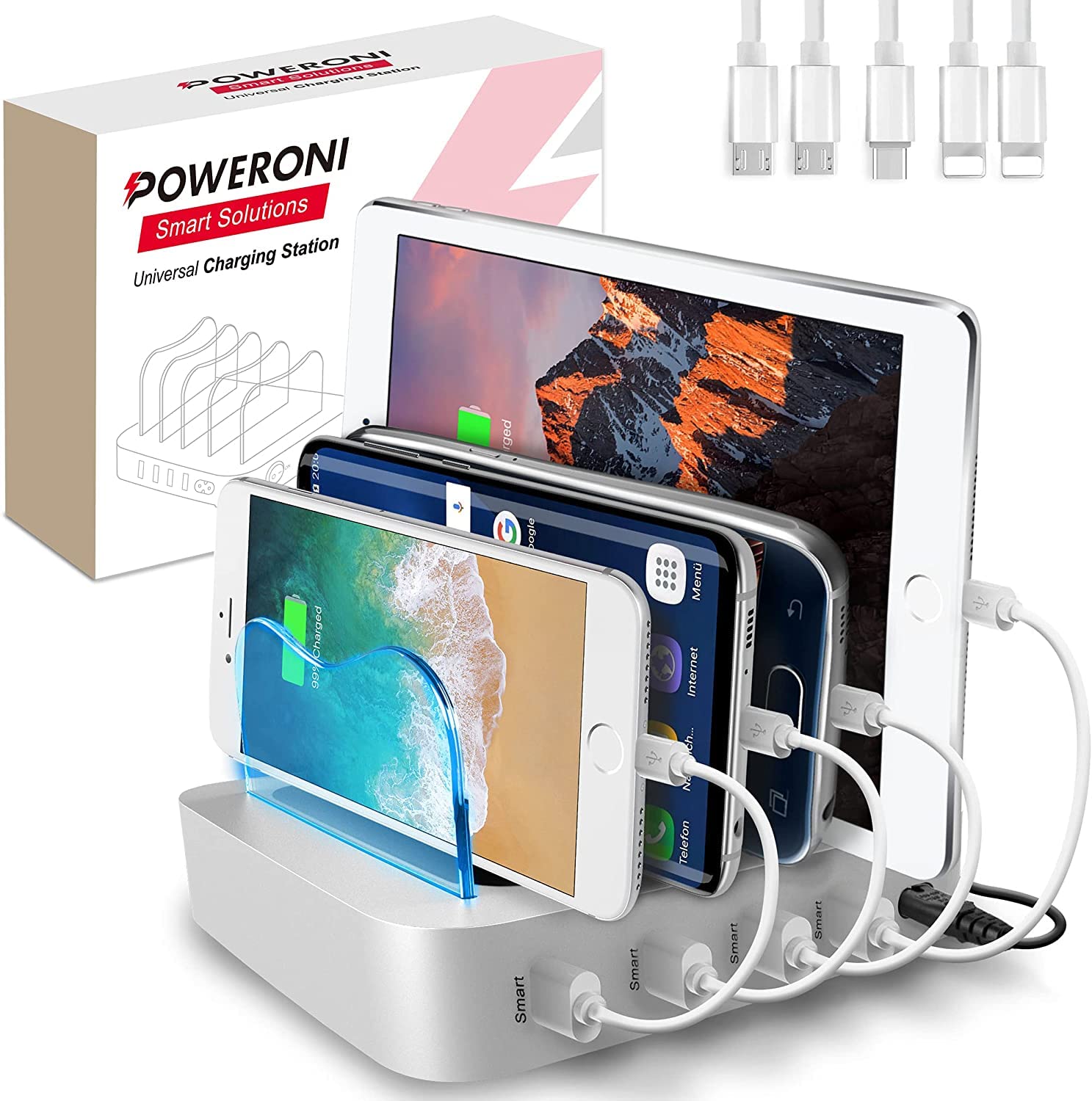 Poweroni USB Charging Dock - 4-Port - Fast Charging Station for Multiple Devices Apple - Multi Device Charger Station - Compatible with Apple iPad iPhone and Android Cell Phone and Tablet  - Acceptable