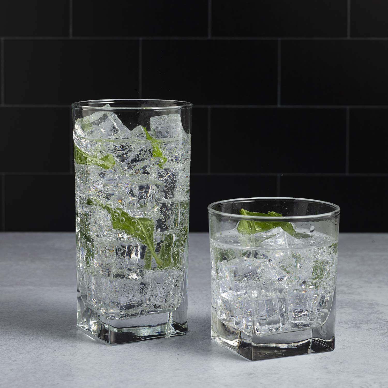 Drinking Glasses, Set of 8 - By Home Essentials and Beyond - 4 Highball Glasses (16 OZ) And 4 Rocks Glasses (10 OZ) Heavy Square Base Glass Cups for Water, Juice, Beer, Wine, And Cocktails.  - Like New