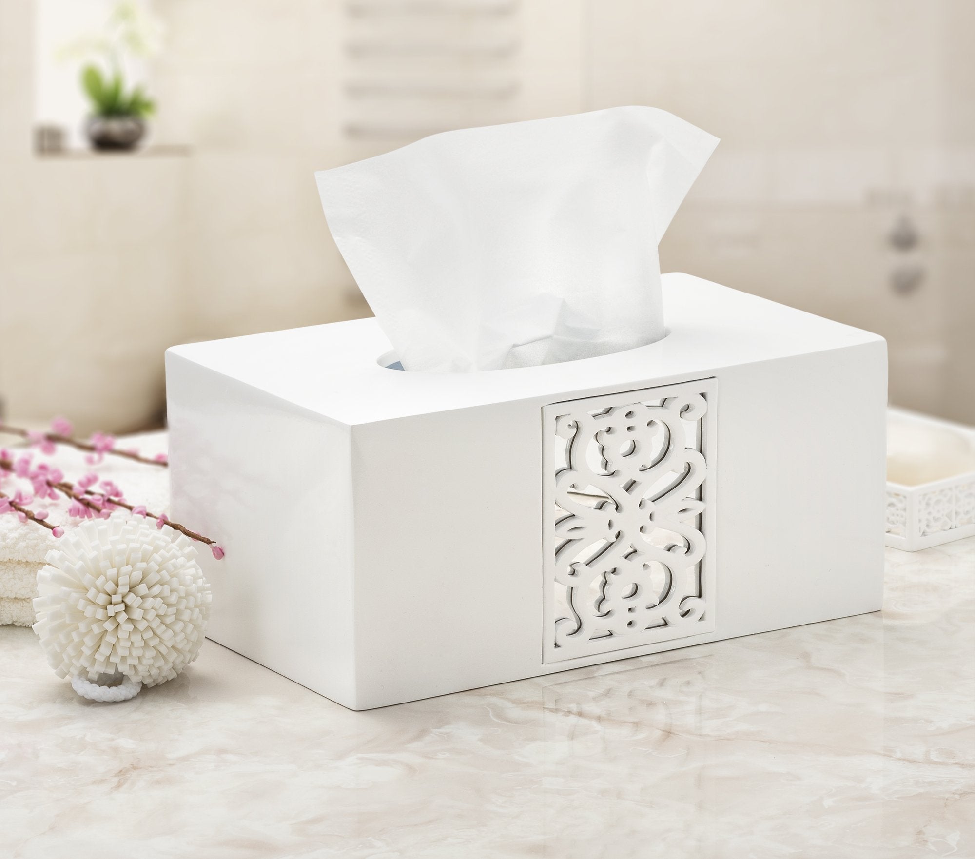 Creative Scents White Tissue Box Cover Rectangular - Decorative Tissue Box Holder for Bathroom with Durable Bottom Slider - Tissue Holder for Bathroom Made in Beautiful Mirror Janette Style  - Like New