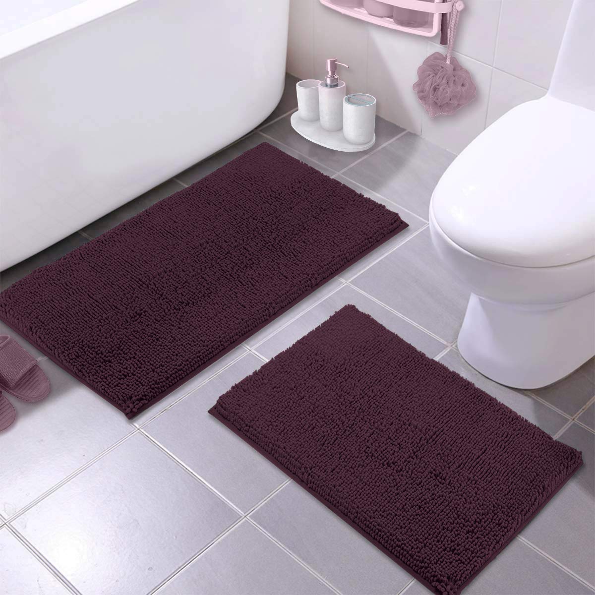 LuxUrux Plum Bathroom Rugs Set�Extra-Soft Plush Bath mat Shower Bathroom Rugs,1'' Chenille Microfiber Material, Super Absorbent (30 X 20'' + 23 x 15'', Plum)  - Like New