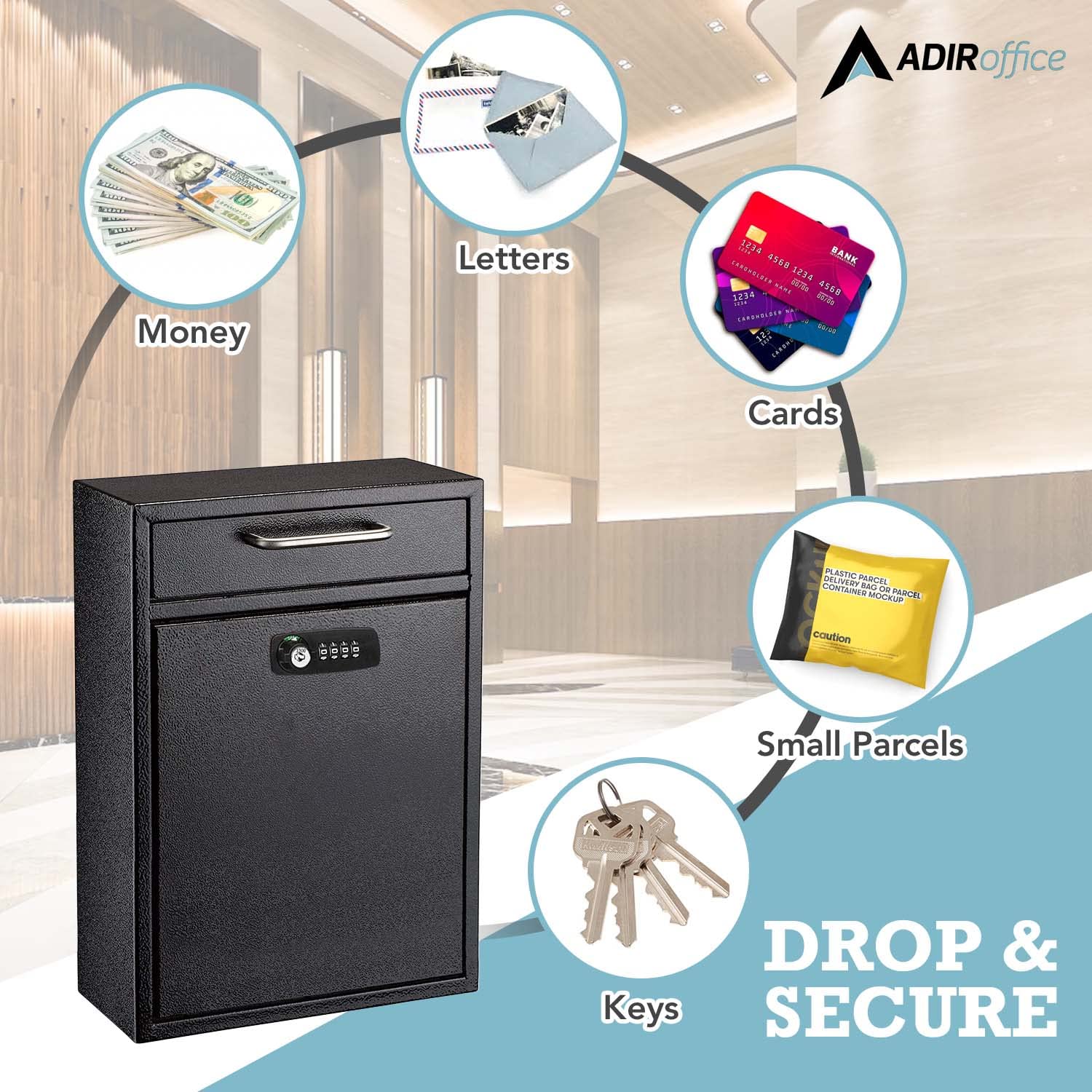 AdirOffice Ultimate Drop Box Wall-Mounted Mailbox - Hanging Secured Postbox - Durable Spacious Key or Combination Lock Box Perfect for After Hours Deposits Payments Key and Letter Drops  - Like New