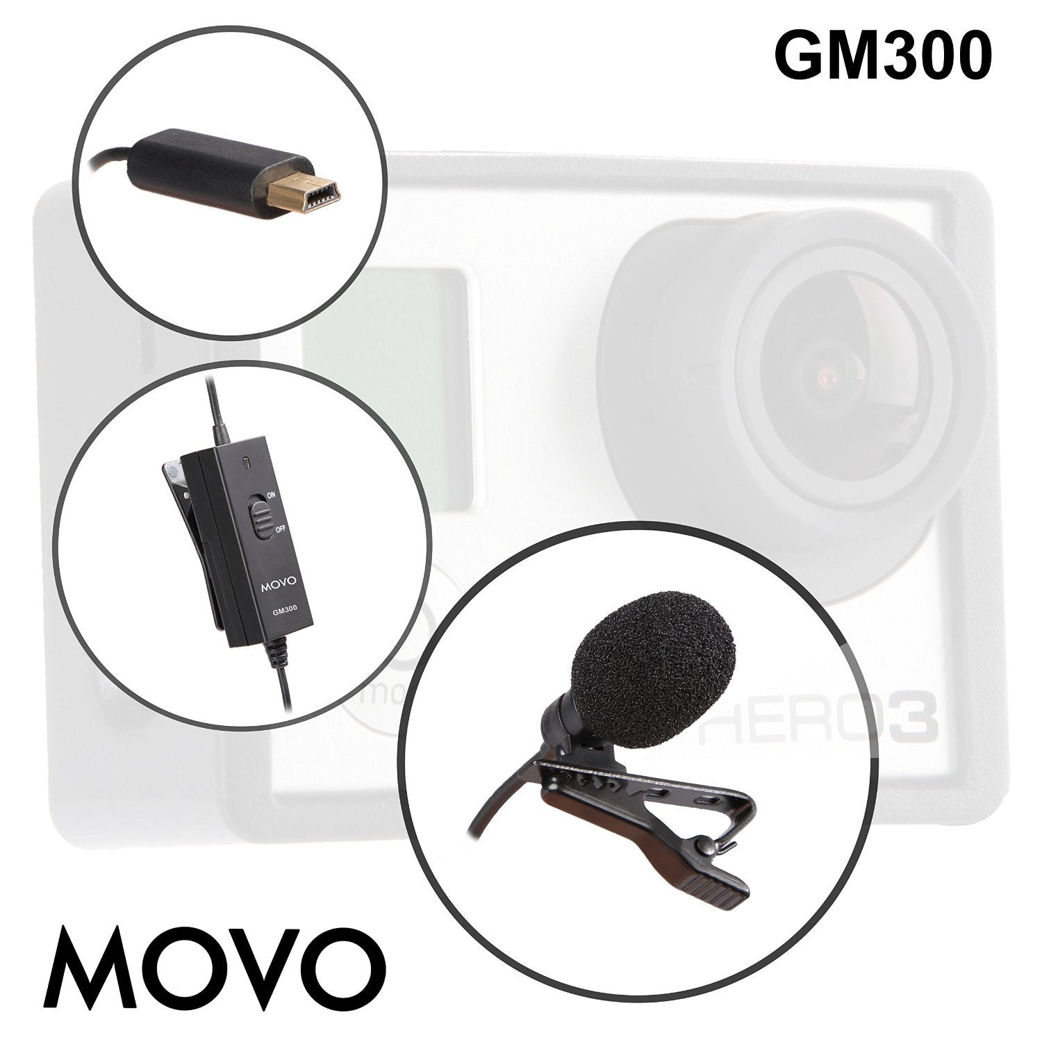 Movo GM300 Lavalier GoPro Microphone - Omnidirectional Lavalier Microphone Compatible with GoPro HERO3, HERO3+ and HERO4 Black, White and Silver Editions (9-Foot Cord)  - Like New
