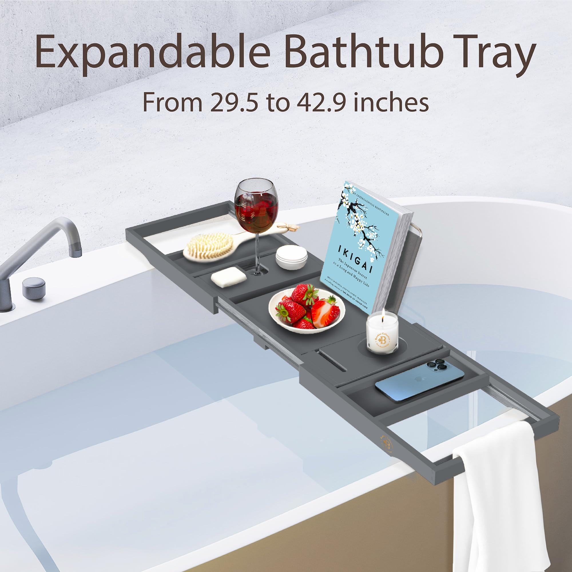 Bamb�si Bathtub Tray Table - Collapsible & Adjustable Bathtub Caddy - Space-Saving Folding Bath Tub Tray - Wood Bathtub Accessories - Unique Valentines Day Gifts for Women or Men (Gray Bamboo)  - Like New