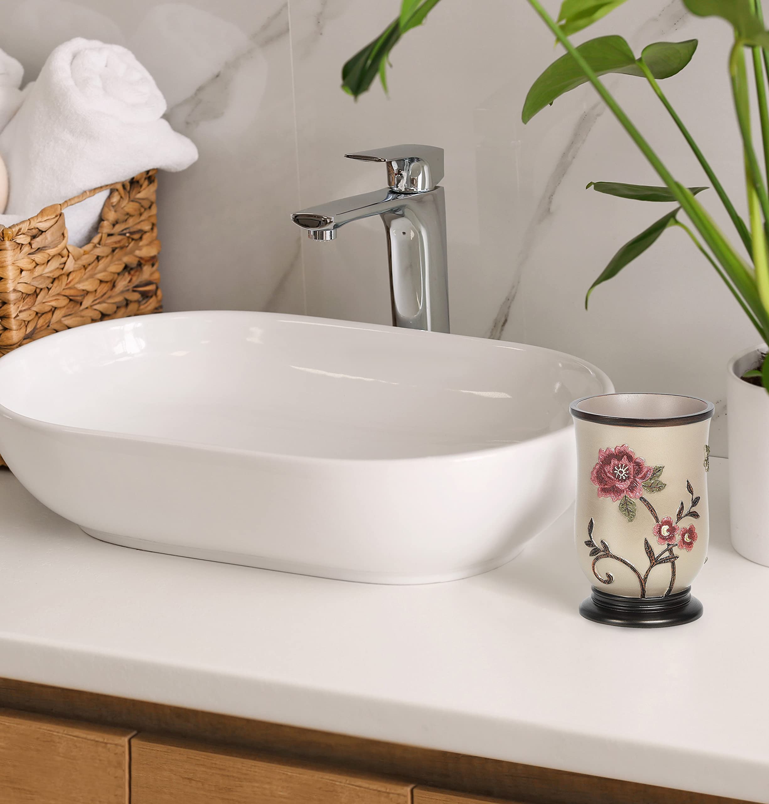 Popular Bath Tumbler, Larrisa Collection, Rose Design , Brown  - Like New