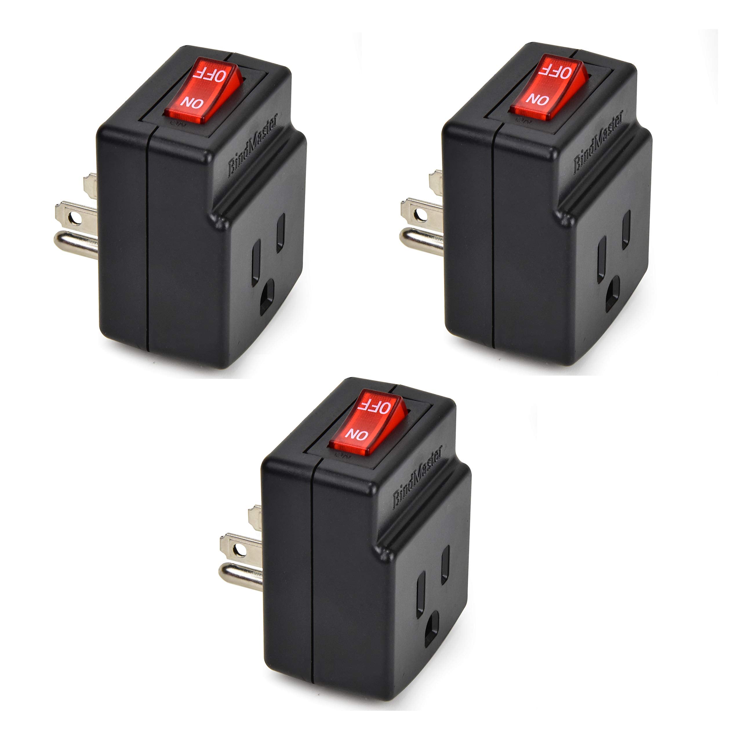 BindmMaster 3 Prong Grounded Single Port Power Adapter with Red Light Indicator On/Off Switch to be Energy Saving, Black (3 Pack)�  - Like New
