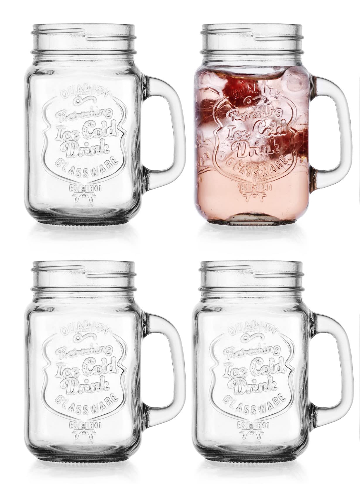 Glaver's Ice Cold 16 Oz. Mason Drinking Glasses With Handles. Quality Refreshing Ice Cold Embossed Logo Jars for Beverages, Cocktails, Shakes, Smoothies, Sodas, Juice.  - Like New