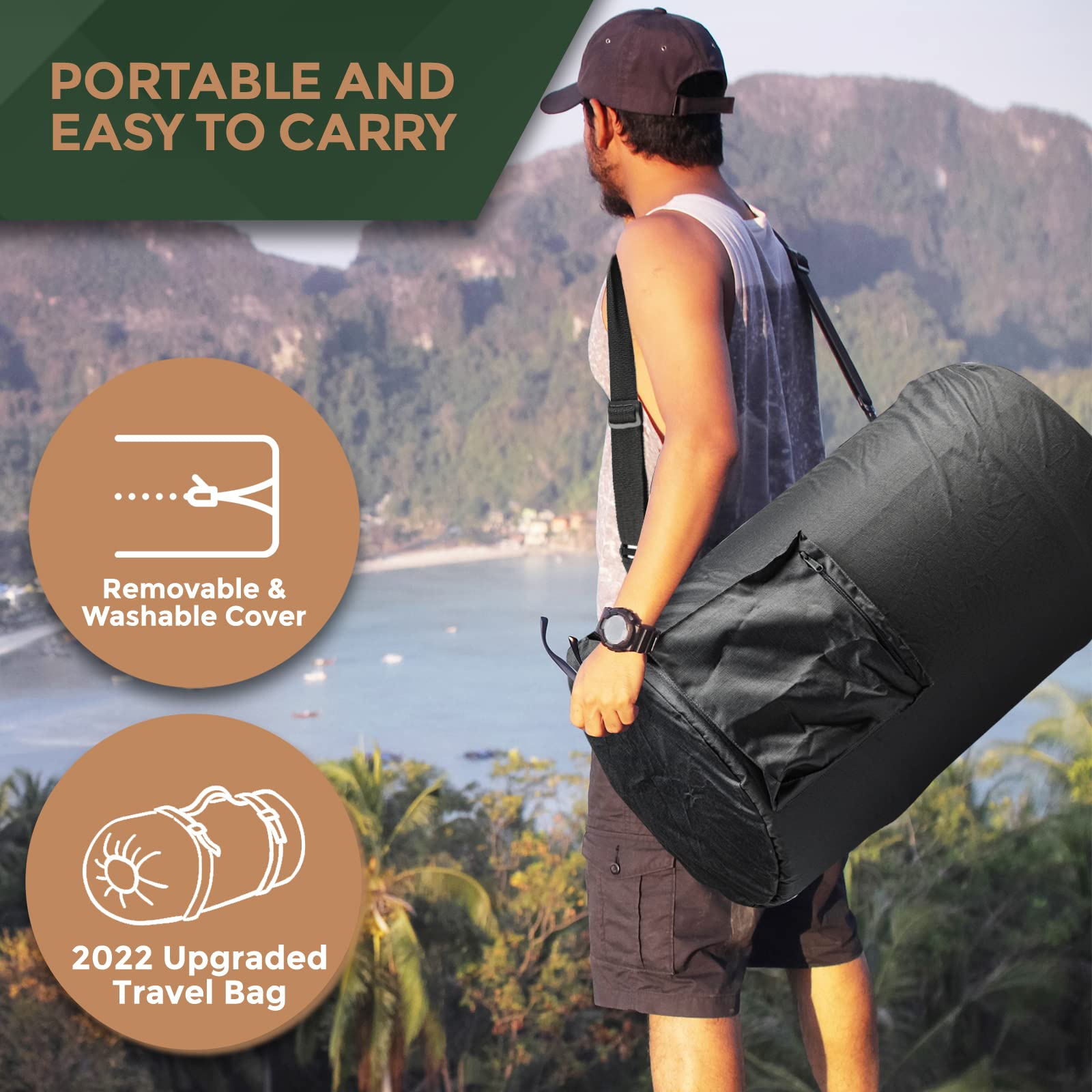 CertiPUR-US Memory Foam Camping Mattress Pad | Portable Roll Up Sleep Mat for Floor, Tent, Car | Single, Twin, Kids Guest Bed Outdoor Cot, Foldable Lightweight w/Removable Waterproof Cover, Travel Bag  - Good