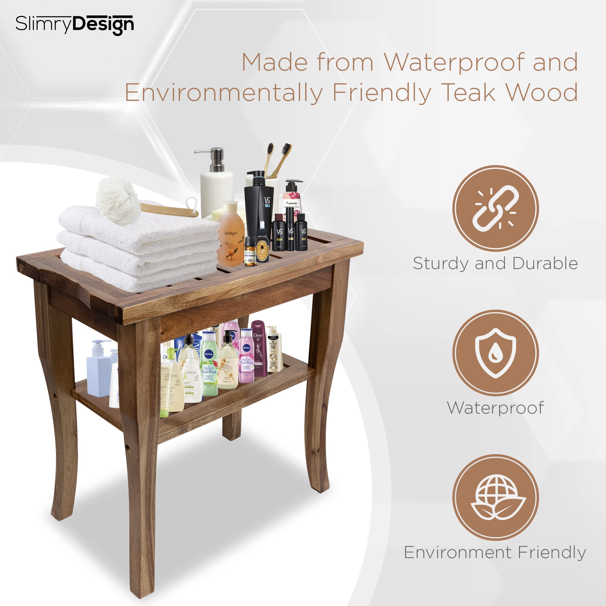 Slimry Design Teak Shower Bench - Solid and Water -Resistant Teak Bench with Storage Shelf Easy to Use Bath Stool with Non-Slip Pads -Assembly Required (Small)  - Very Good