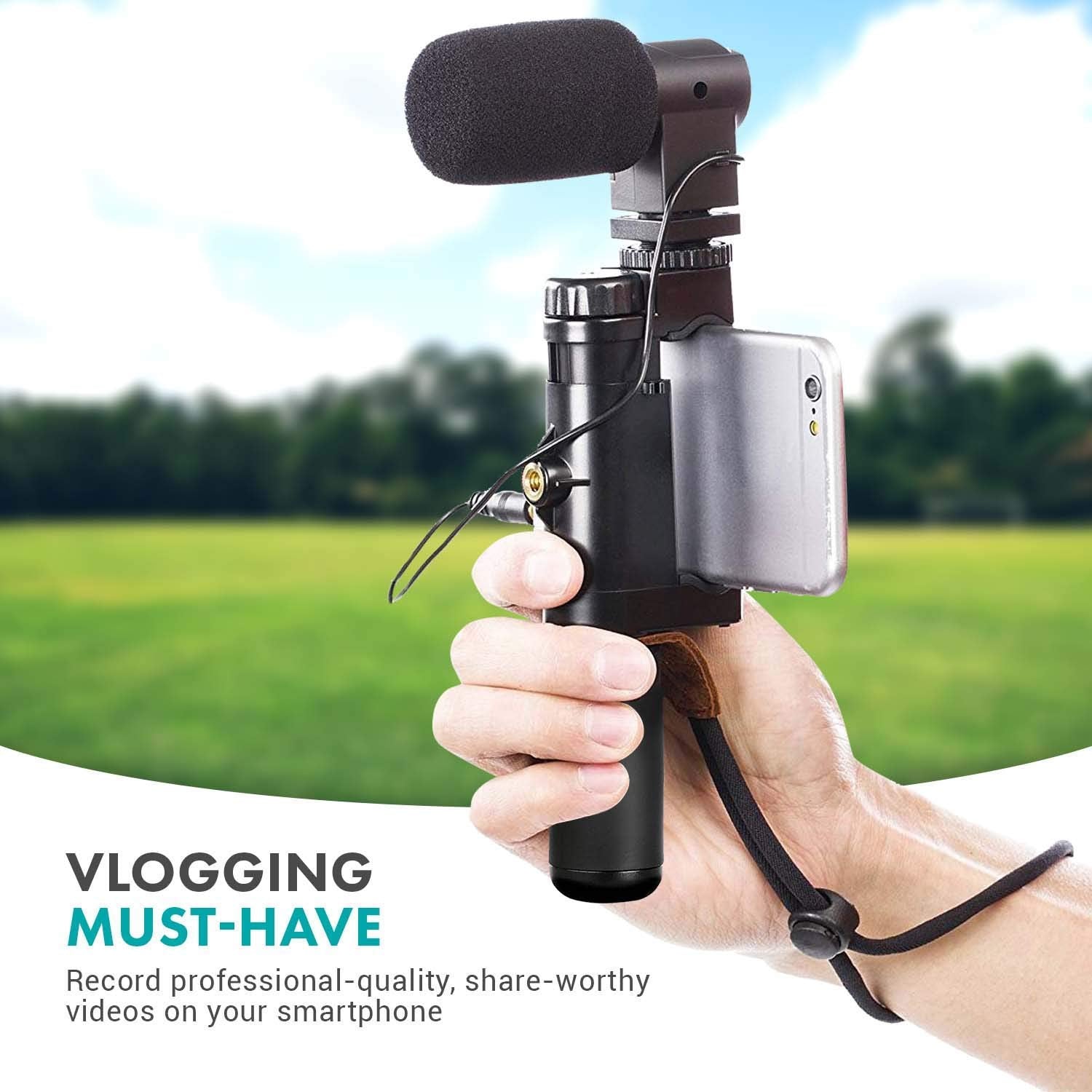 Movo Smartphone Video Rig with Stereo Microphone, Grip Handle, Wrist Strap for iPhone 5, 5S, 6, 6S, 7, 8, X, XS, XS Max, 11, 11 Pro, Samsung Galaxy S5, S6, S7, S8, S9 - Vlogging Equipment, Vlog Mic  - Like New