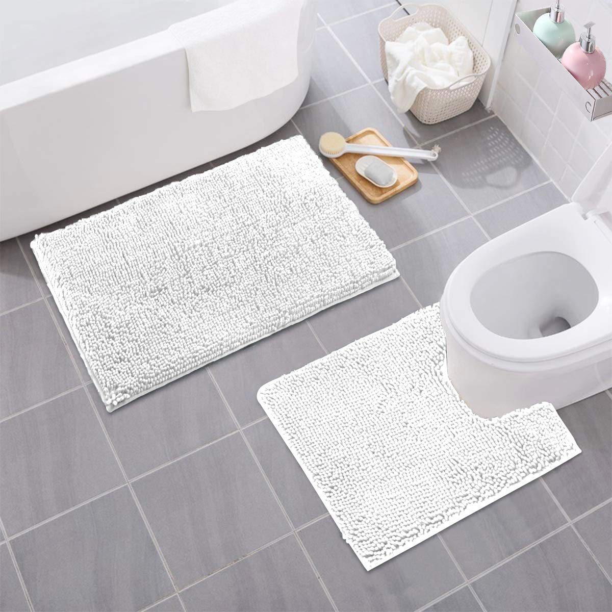 White Bathroom Rugs Sets 2 Piece, Luxury Chenille Bath Mat Set, Soft Plush Anti-Slip Bath Rug + U-Shaped Toilet Mat. Super Absorbent. (31''x 20'' Plus 20'' x 20'' U, White)  - Very Good