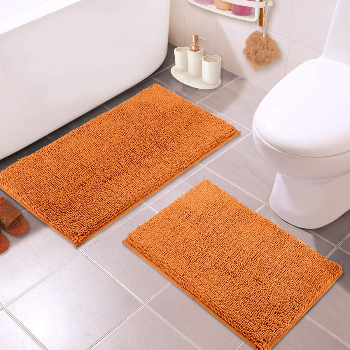 LuxUrux Orange Decor Bathroom Rug Sets, Extra-Soft Plush Bath mat Shower Bathroom Mat Set,1'' Chenille Microfiber Material, Super Absorbent (30 X 20'' + 23 x 15'', Orange)  - Like New