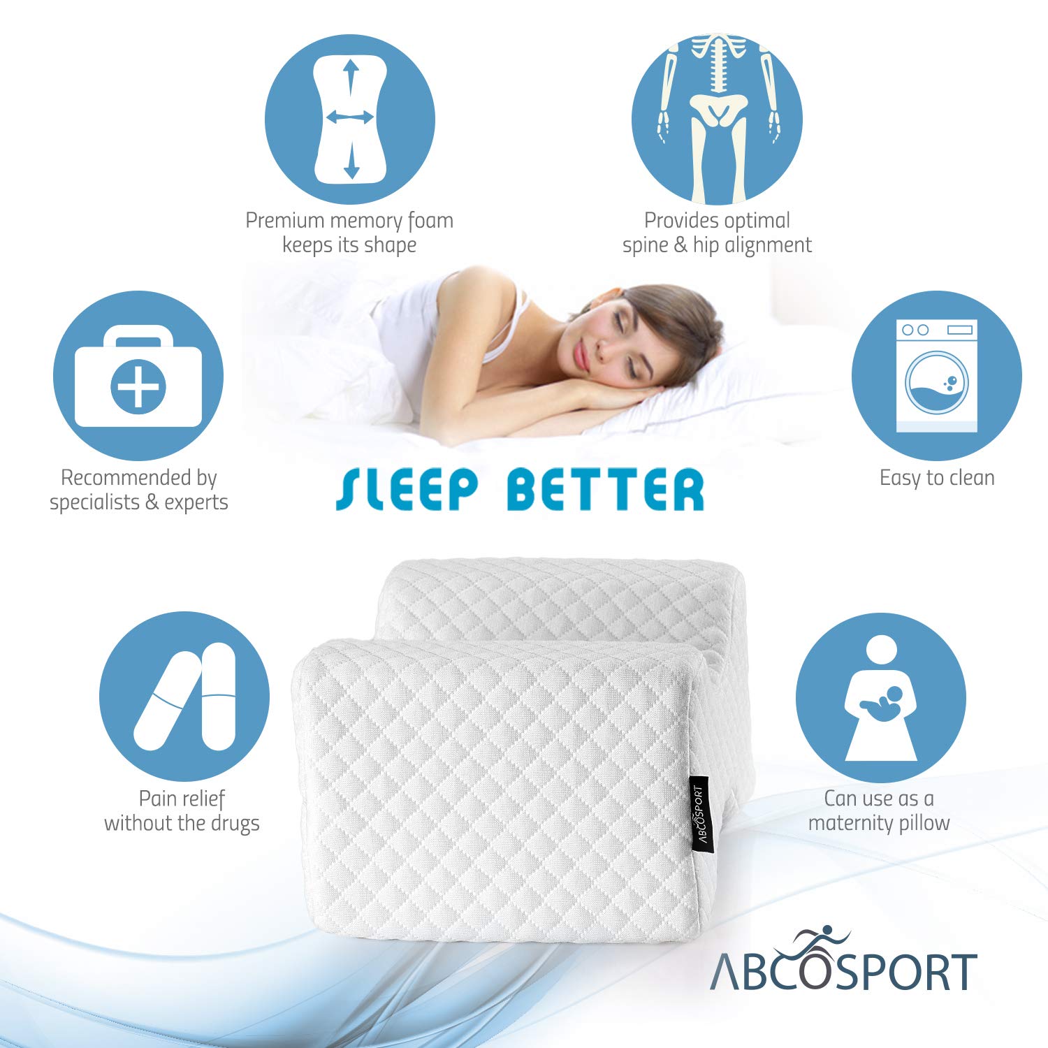 Abco Tech Memory Foam Knee Pillow, Leg Wedge Pillow for Back Pain, Side Sleeper Knee Pillow, Pregnancy, Spine Alignment, and Pain Relief, Breathable and Comfortable Contour Pillow with Washable Cover  - Acceptable