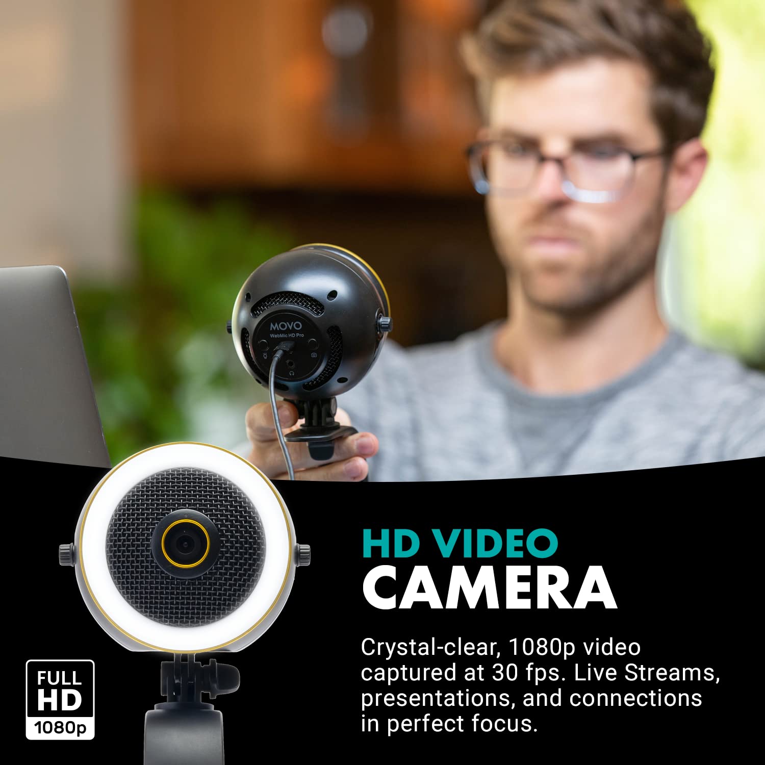 Movo WebMic HD Pro All-in-One Webcam with Mic and Ring Light  - Very Good