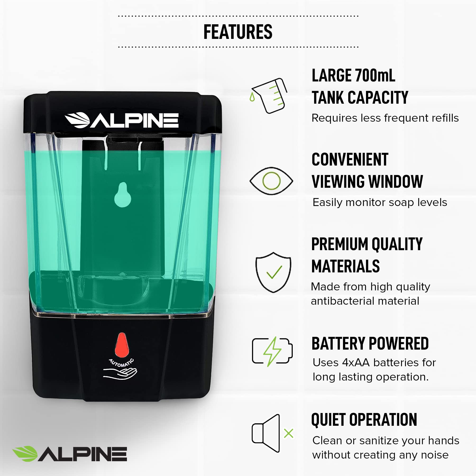 Alpine Industries Wall Mounted Automatic Soap Dispenser, Touchless Liquid Soap Hand Sanitizer, Hand Soap Dispenser for Commercial Bathroom (700ML, Black)  - Acceptable