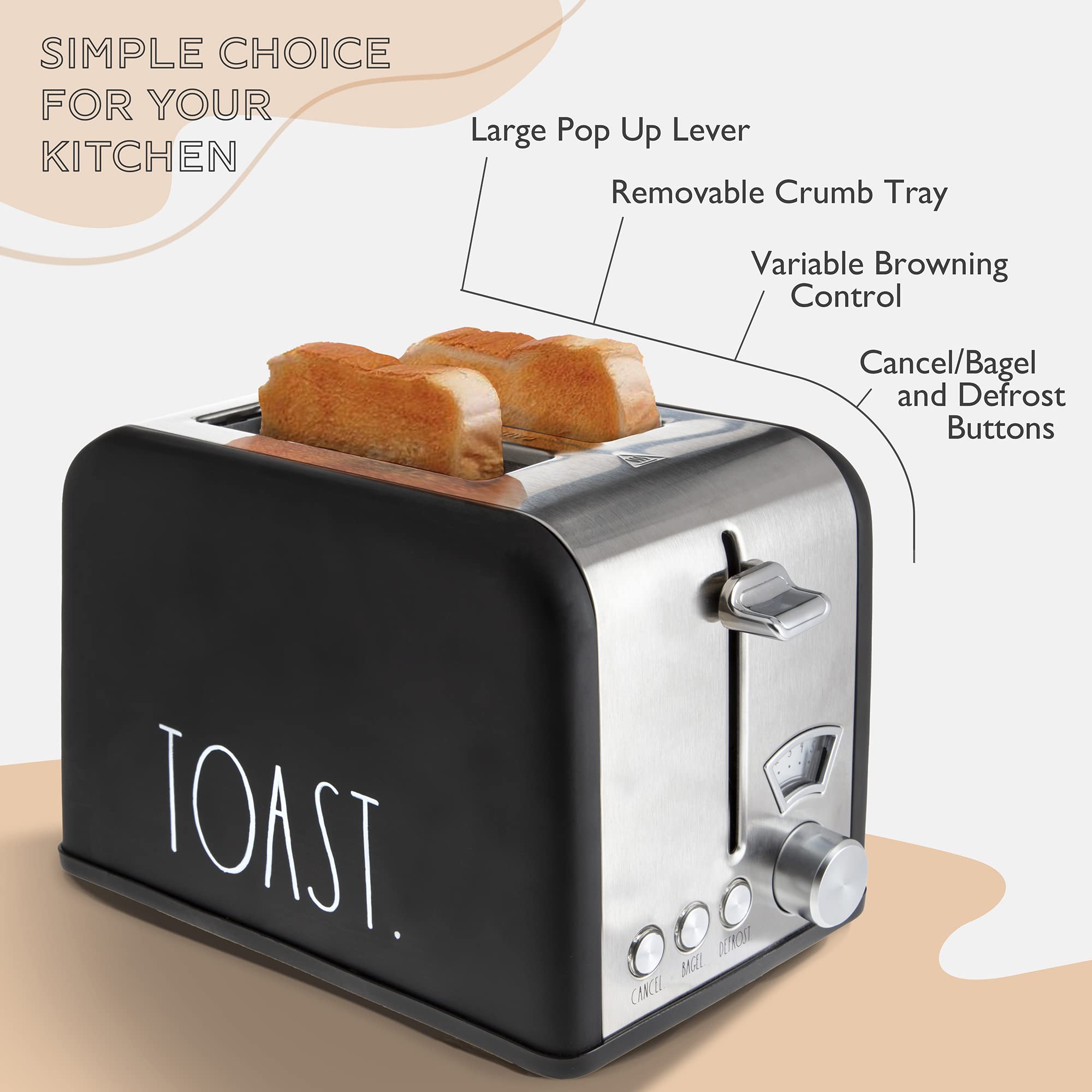 Rae Dunn Toaster, Stainless Steel 2 Slice Square Toaster, Wide Slot with 5 Browning Levels, with Bagel, Defrost and Cancel Options  - Like New