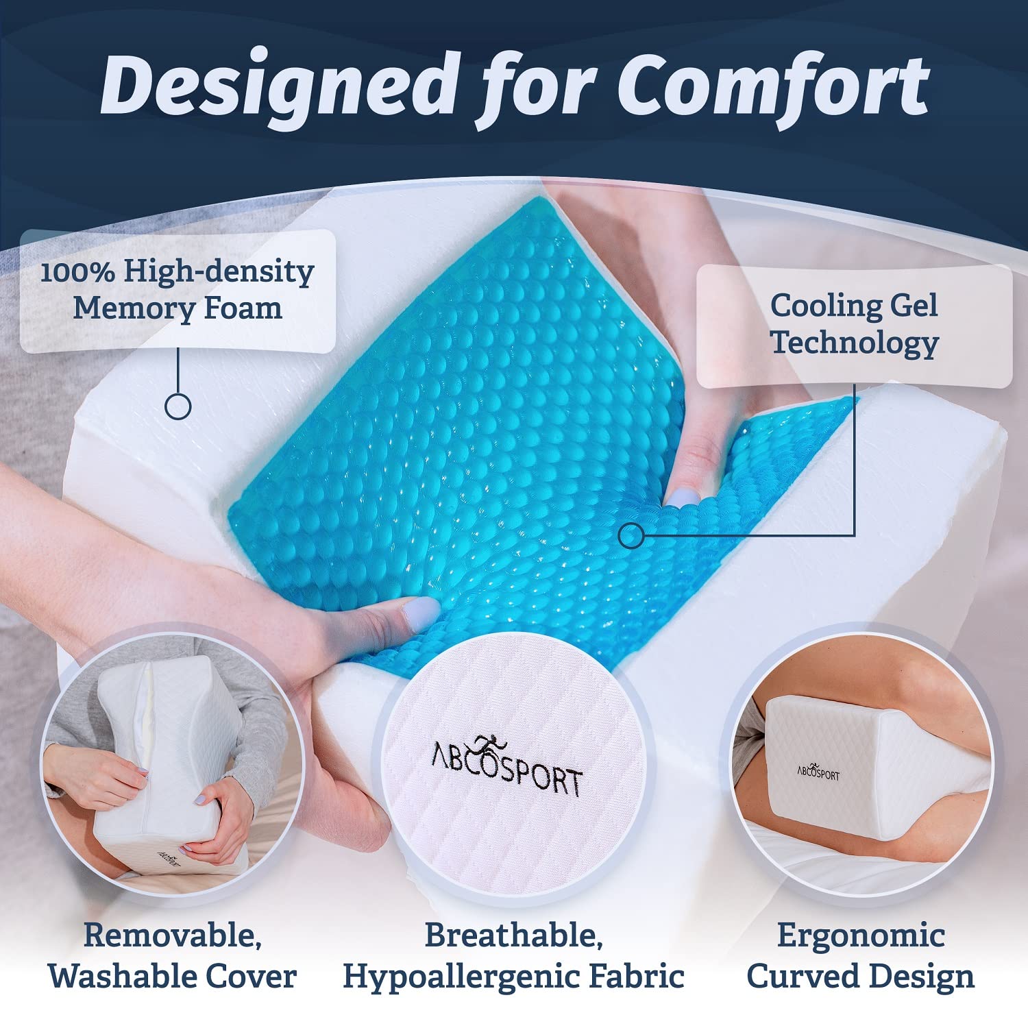 Abco Tech Memory Foam Knee Pillow with Cooling Gel Knee Wedge Pillow Leg Pillow for Side Sleepers Pregnancy Spine Alignment Pain Relief Pillow