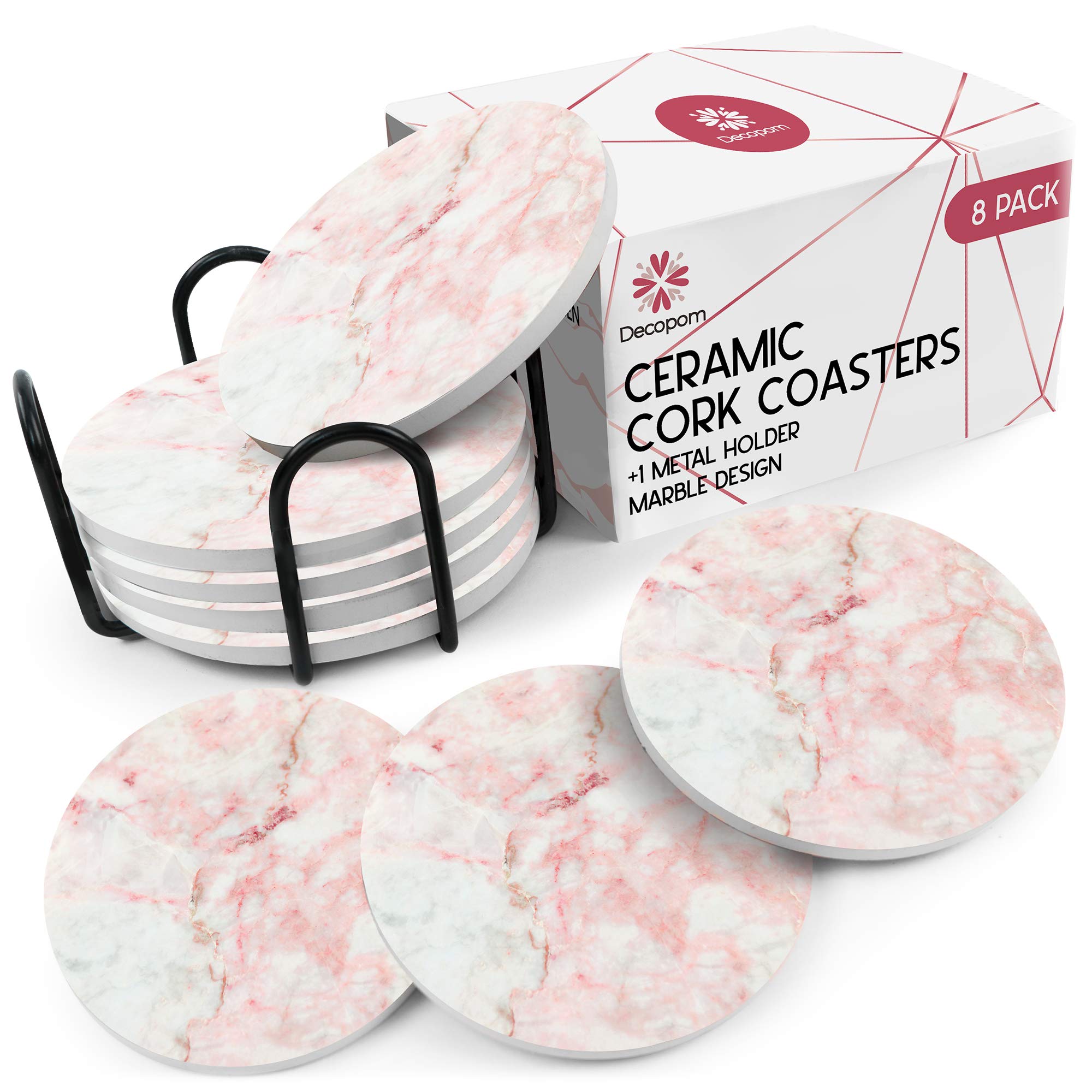 Coasters for Drinks Ceramic Cork Set - 8 Pcs Absorbent Rose Marble Design Coasters with Metal Holder for Cups Mugs Coffee Wine Wooden Glass Tabletop Protection Bar Table House Warming Gift Home  - Like New