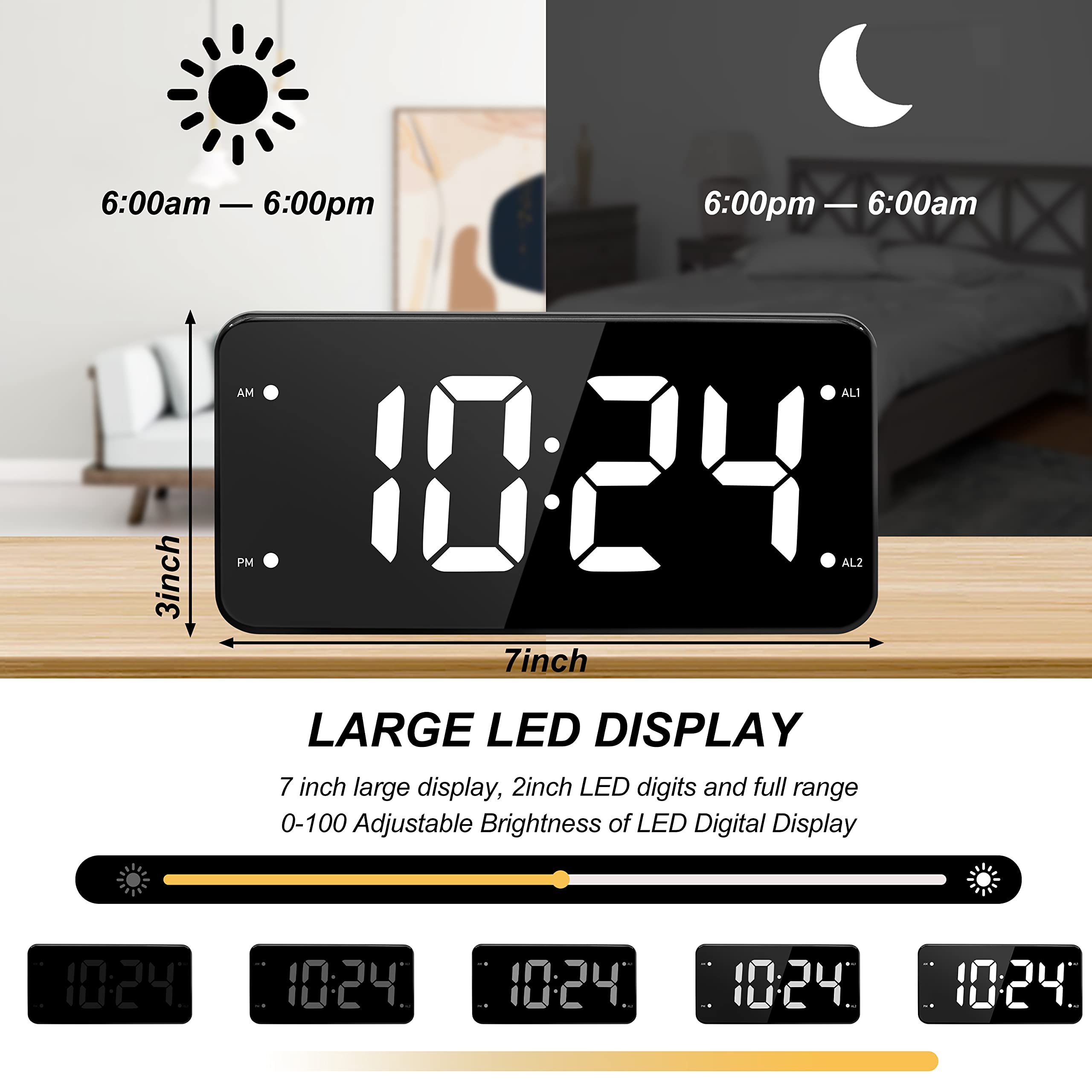 Digital Loud Alarm Clock for Heavy Sleepers Adults with Bed Shaker - Ideal for Hearing Impaired People - Dual Alarm Settings & 2 USB Charger - 7 Inch Display  - Like New