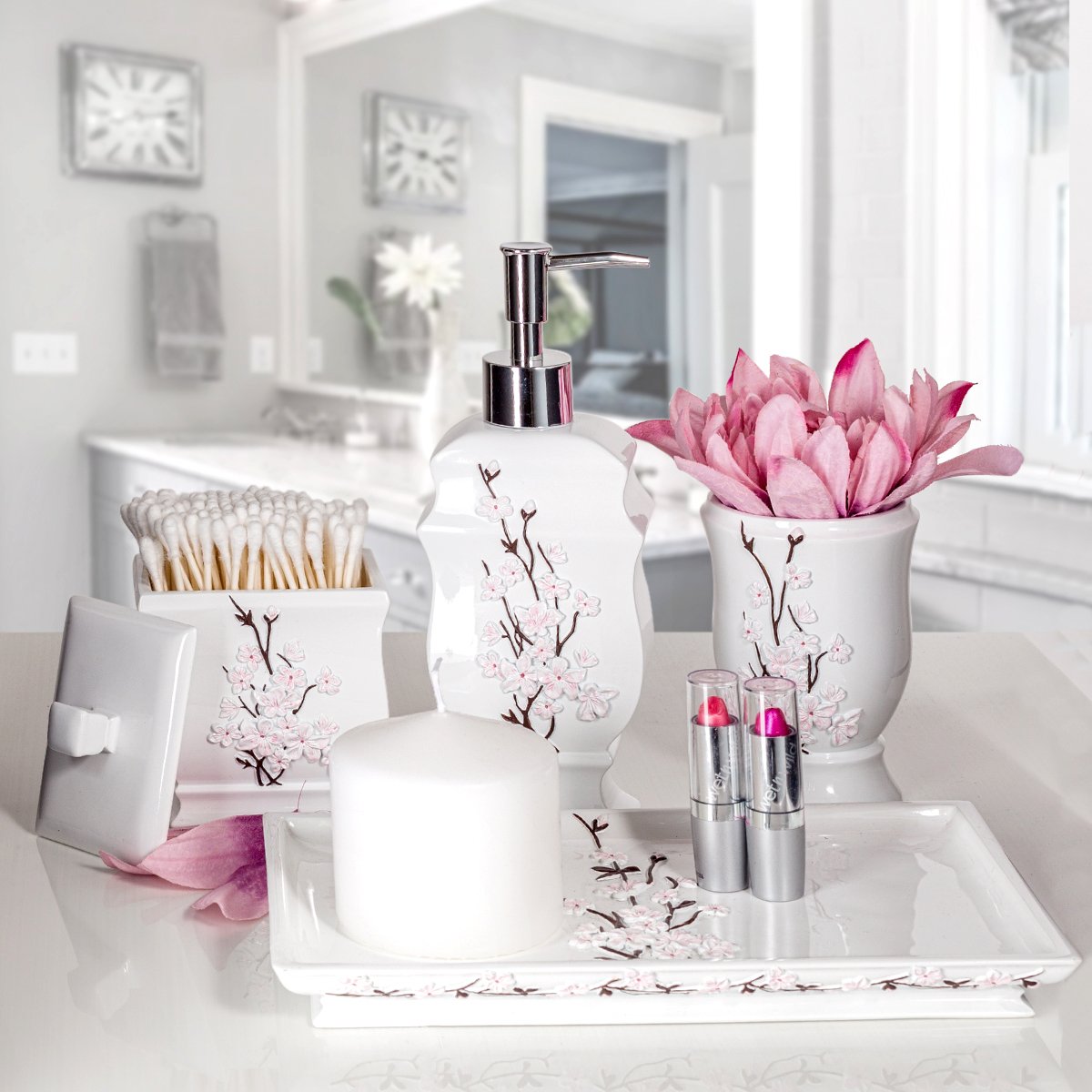 Creative Scents White Bathroom Accessories Set - Decorative 4 Piece Bathroom Set - Cherry Blossom Bathroom Accessory Set Includes: Soap Dispenser, Toothbrush Holder, Tumbler and Soap Dish (Vanda)  - Like New