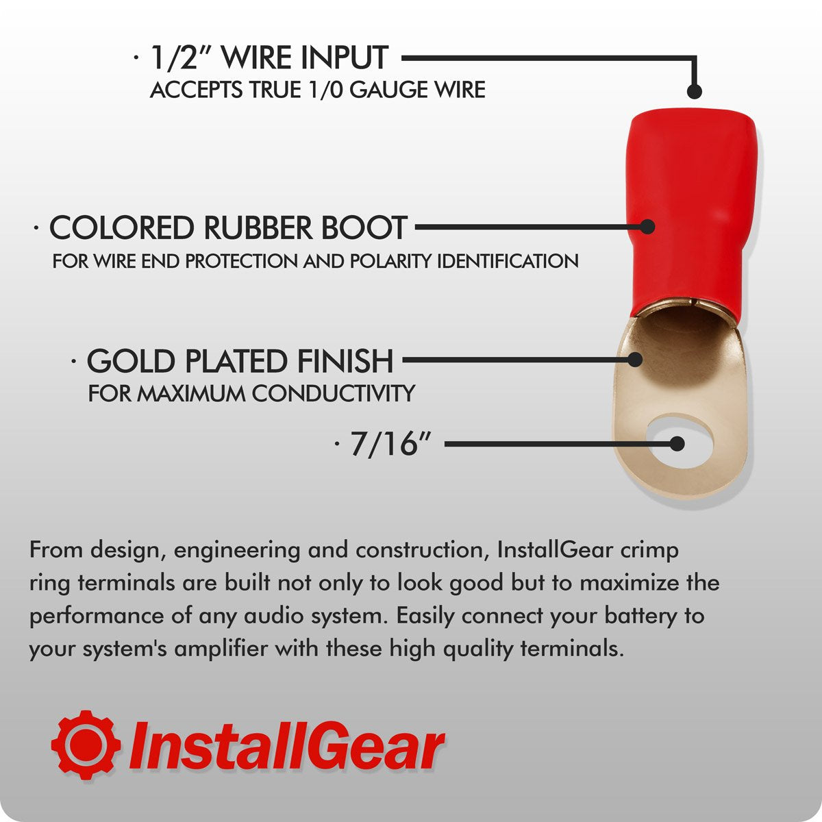 InstallGear 1/0 Gauge AWG Tinned Pure Copper Lugs Ring Terminals Connectors with Heat Shrink (10 Pack - 5 Positive/5 Negative) | 1/0 Ring Terminal Electrical Connectors with Heat Shrink  - Very Good