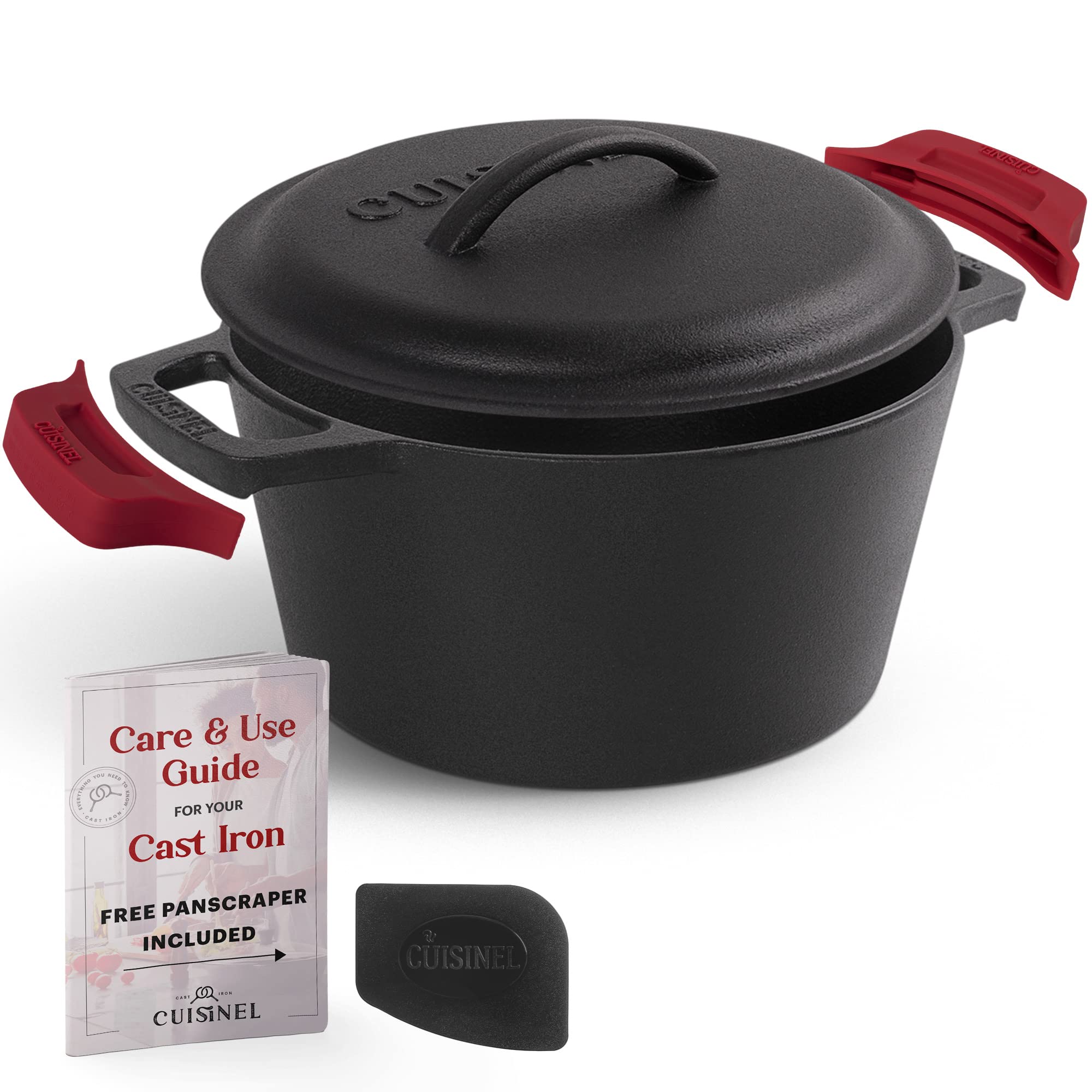 Cuisinel Cast Iron Dutch Oven/Combo Cooker + Silicone Handle Holder Covers + Pan Scraper/Cleaner - Pre-Seasoned Indoor/Outdoor Bread Baking Pot and Skillet Frying Pan - Kitchen Cookware  - Like New