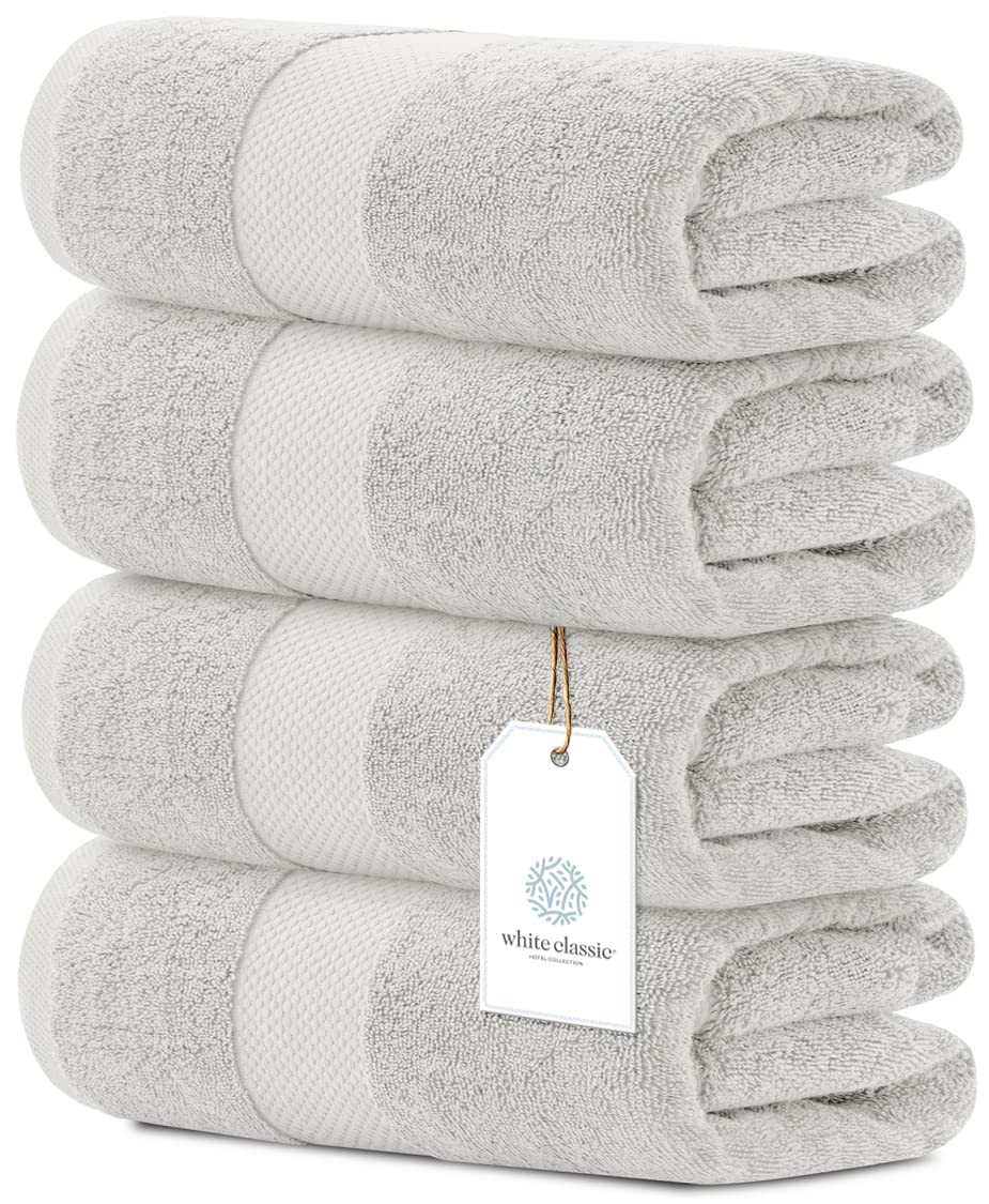 White Classic Luxury Cotton Bath Towels Large - | Highly Absorbent Hotel spa Collection Bathroom Towel | 27 inch X 54 inch | Set of 4 (Silver, 4)  - Acceptable