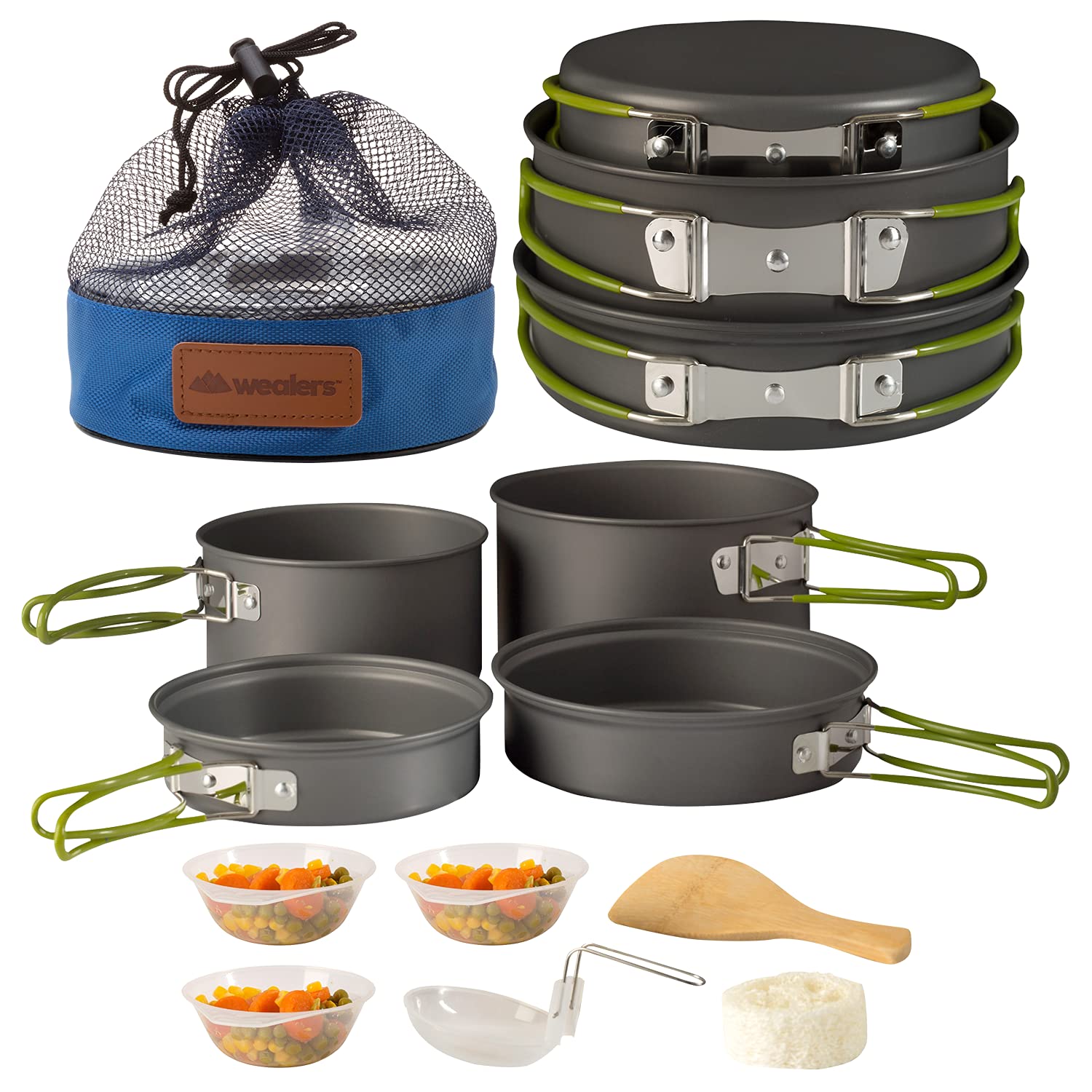 Wealers Camping Cookware 11 Piece Outdoor Mess Kit Backpacking| Trailblazing add on | Compact| Lightweight| Durable with Chef Pots, Bowls, Utensils and Mesh Carry Bag Included (11 Piece Set)  - Like New