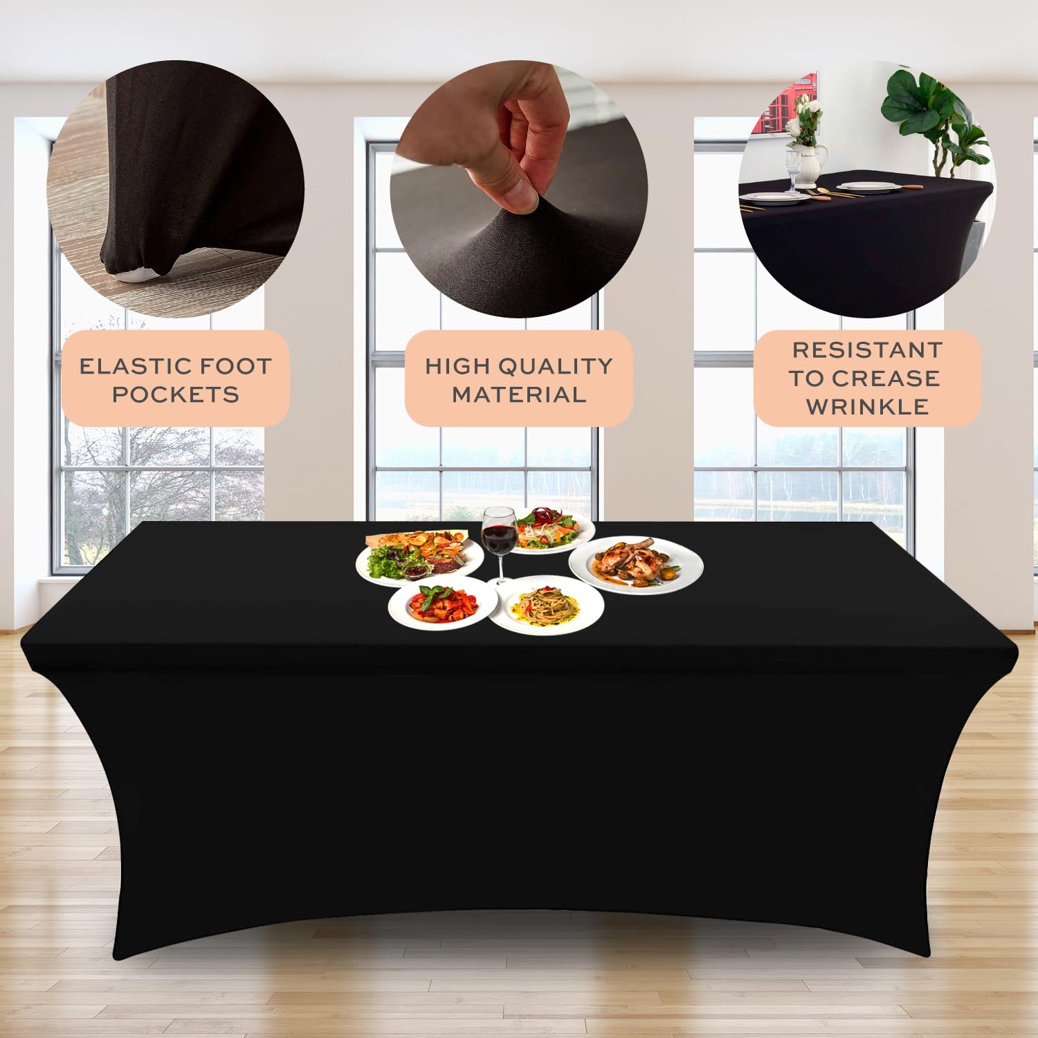 WhiteBasics Fitted Spandex Stretch Tablecloth - Rectangle Durable Fabric Table Cover for 6 FT. Long Banquet Table - Set of 2 (Black)  - Acceptable